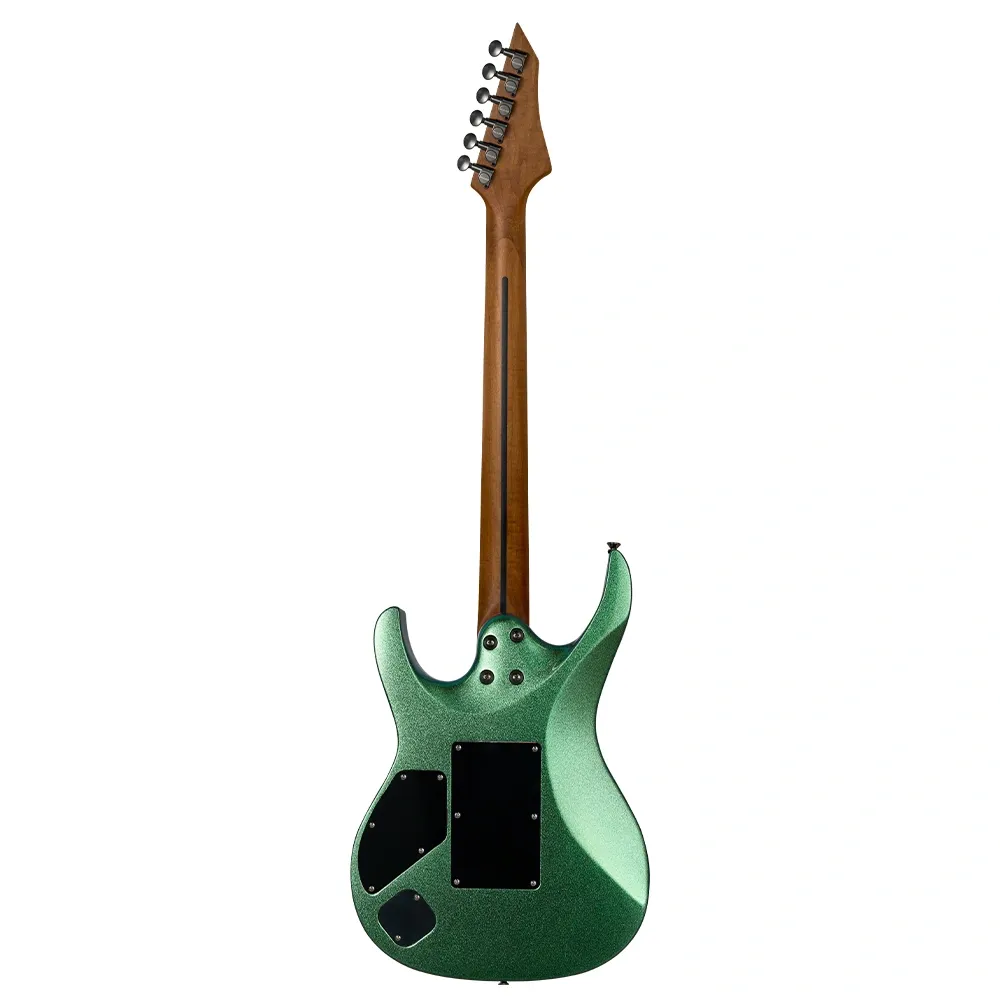 Parlak yeşil elektrik gitarının arkası, kahverengi sapı ve başlığıyla.