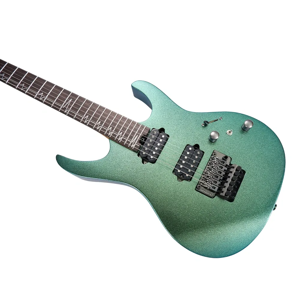 İki manyetiği ve tremolo köprüsü olan yeşil elektro gitar.
