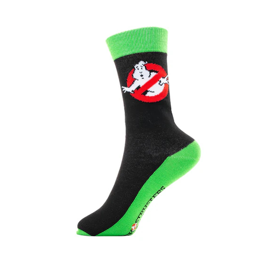 Czarna skarpeta z logo Ghostbusters i zielonymi akcentami na ściągaczu i pięcie.