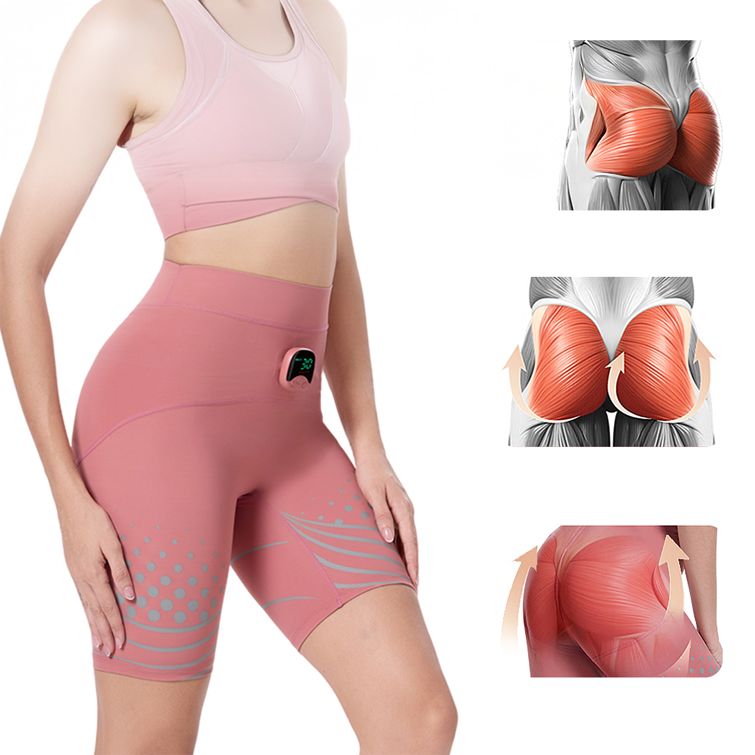 Donna in abbigliamento sportivo rosa con grafiche anatomiche dei glutei.