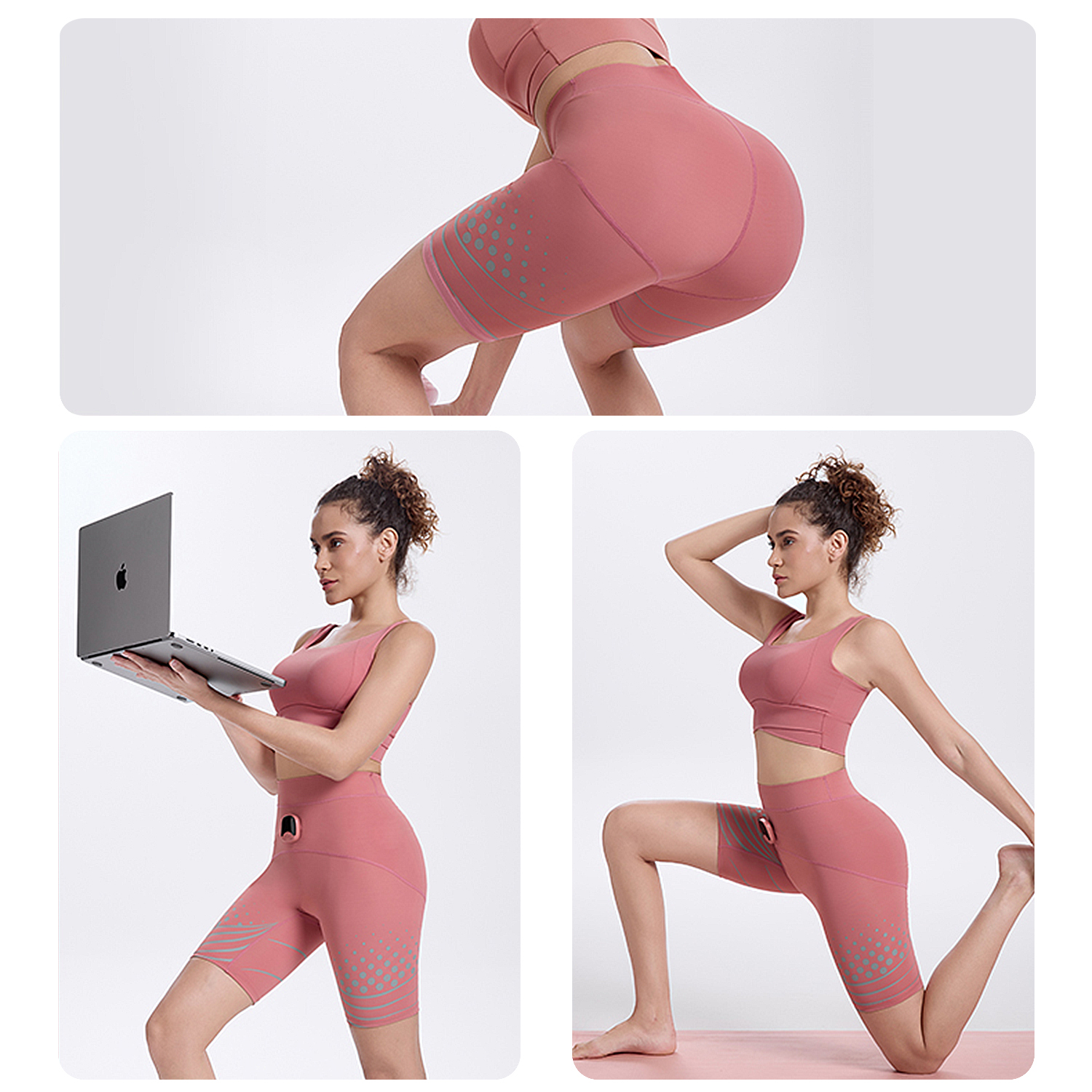 Donna in abbigliamento sportivo rosa posa con un laptop e si allunga su un tappetino.