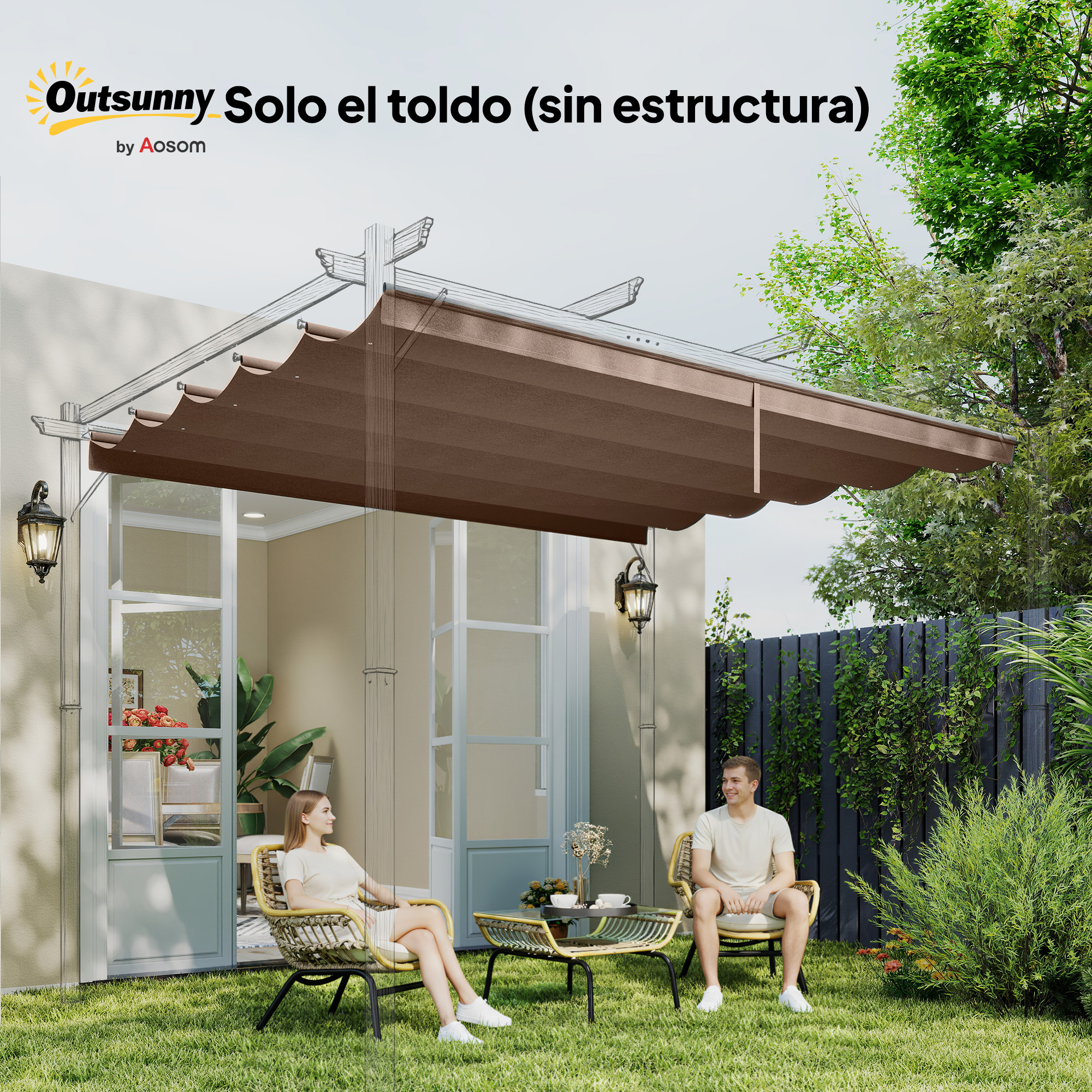 Una pareja se sienta al aire libre en el jardín bajo un toldo retráctil marrón.