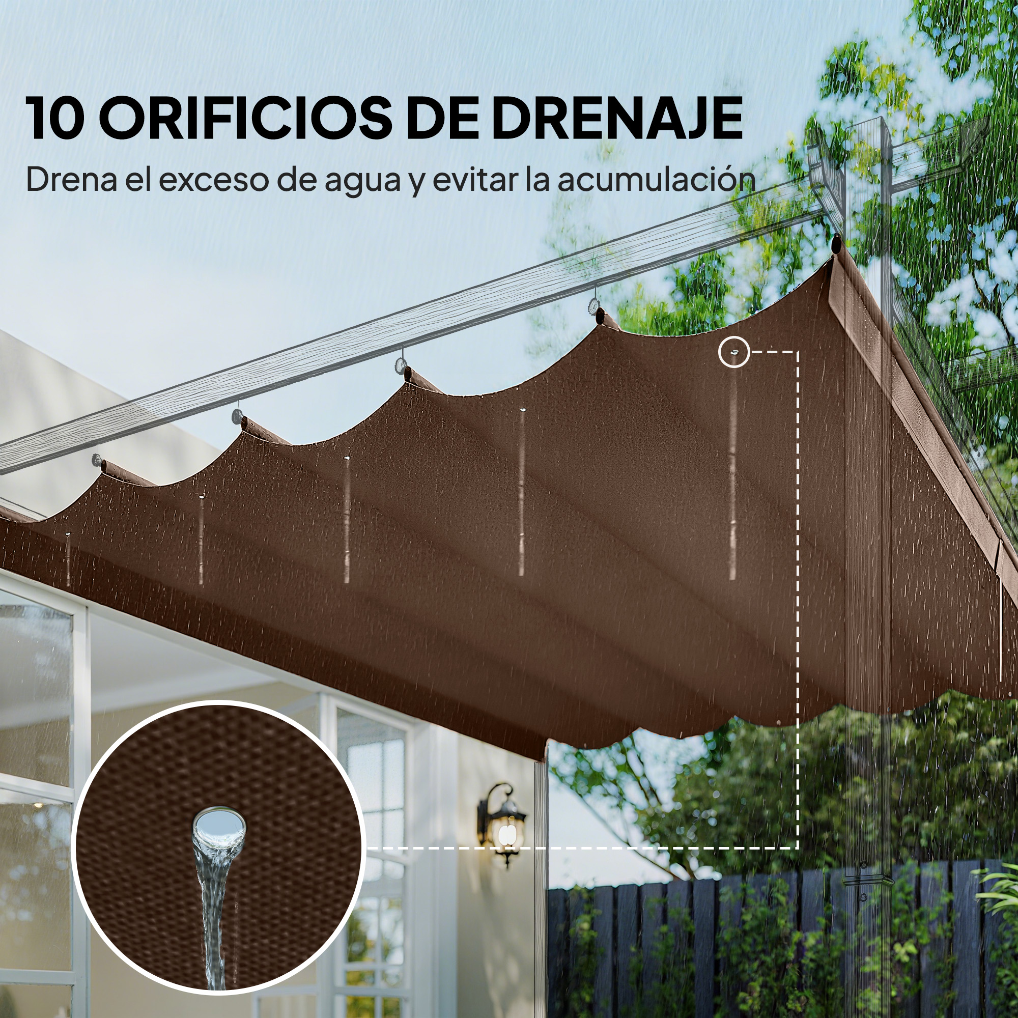 Toldo marrón con 10 orificios de drenaje por donde sale el agua en lluvia.