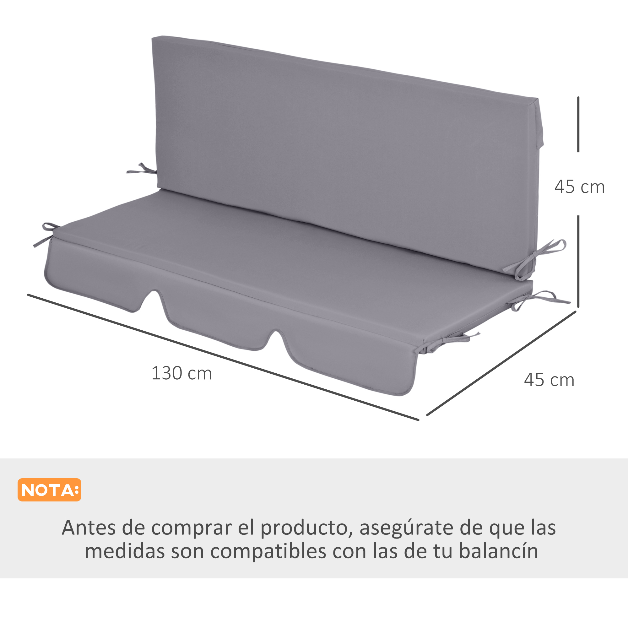 Cojín gris para asiento de columpio, 130x45x45 cm, con lazos.