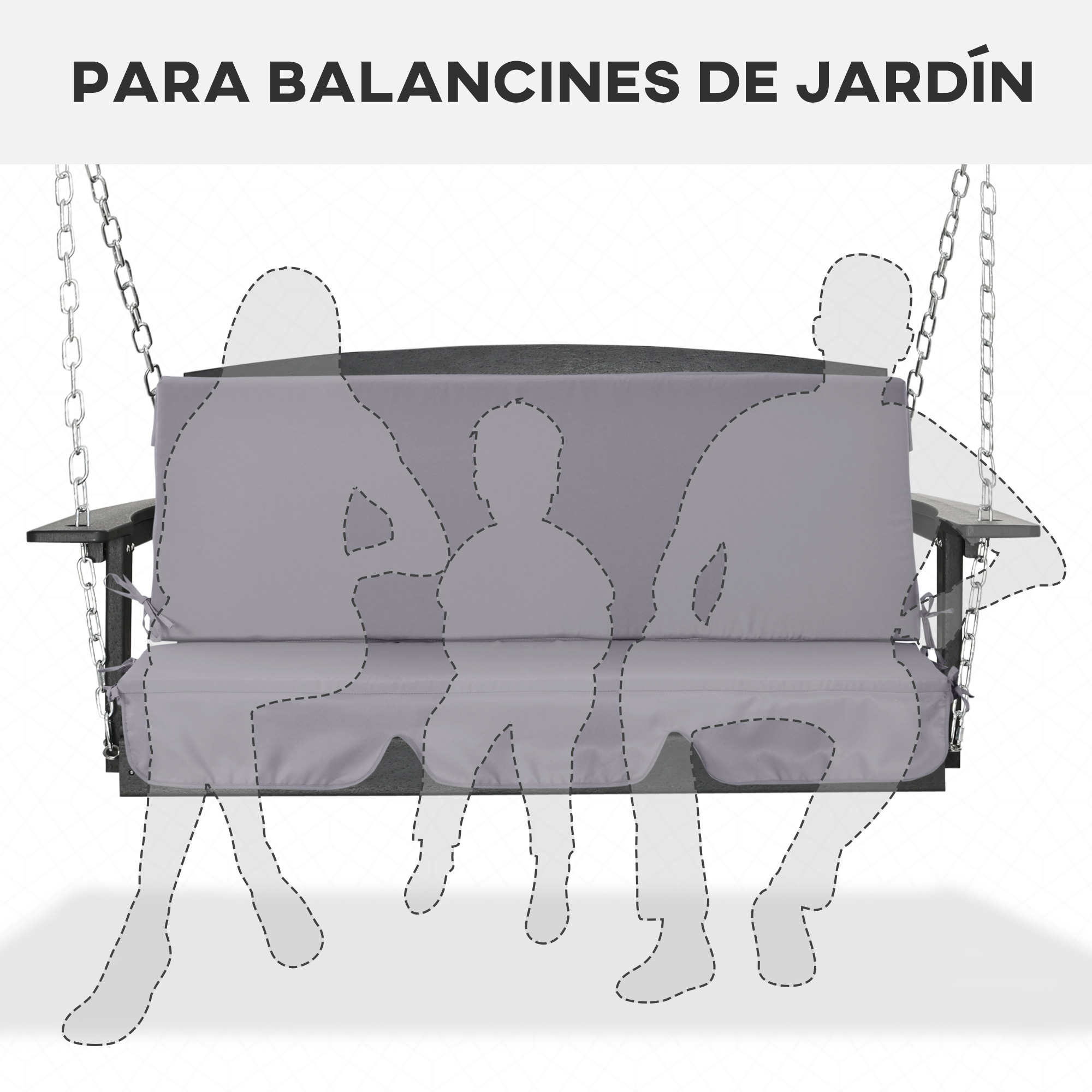 Asiento de columpio de jardín gris con cadenas plateadas y contornos de personas.