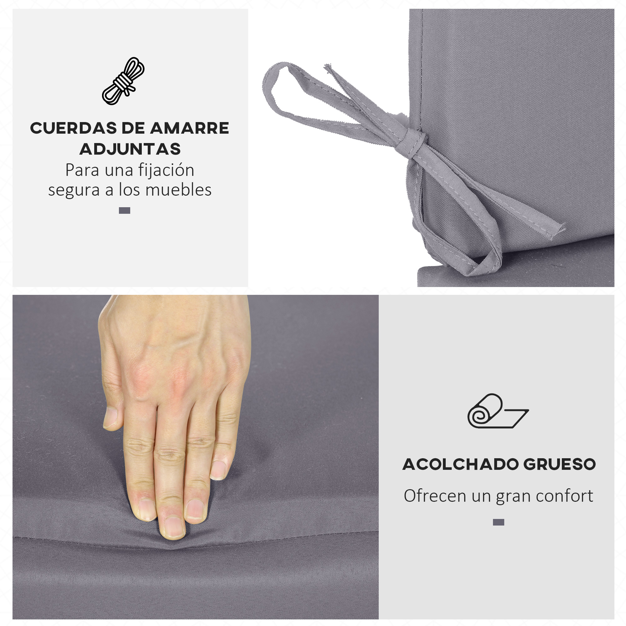 Cojín gris con cintas de amarre y una mano presionando para mostrar grosor.