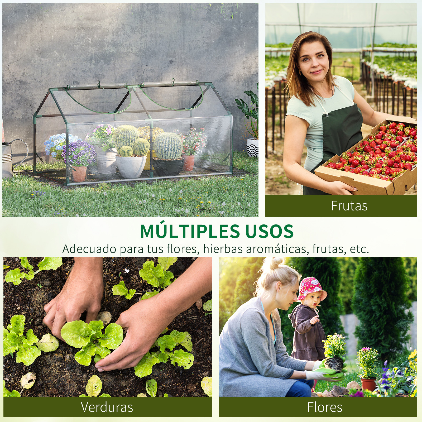 Collage de jardinería: invernadero, mujer con fresas, plantando verduras, mujer y niño con flores.
