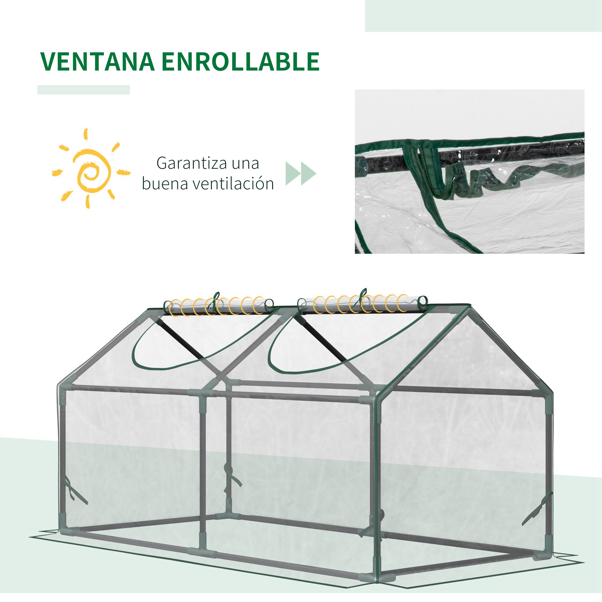 Invernadero con cubierta transparente y marco verde oscuro, ventilación enrollable.