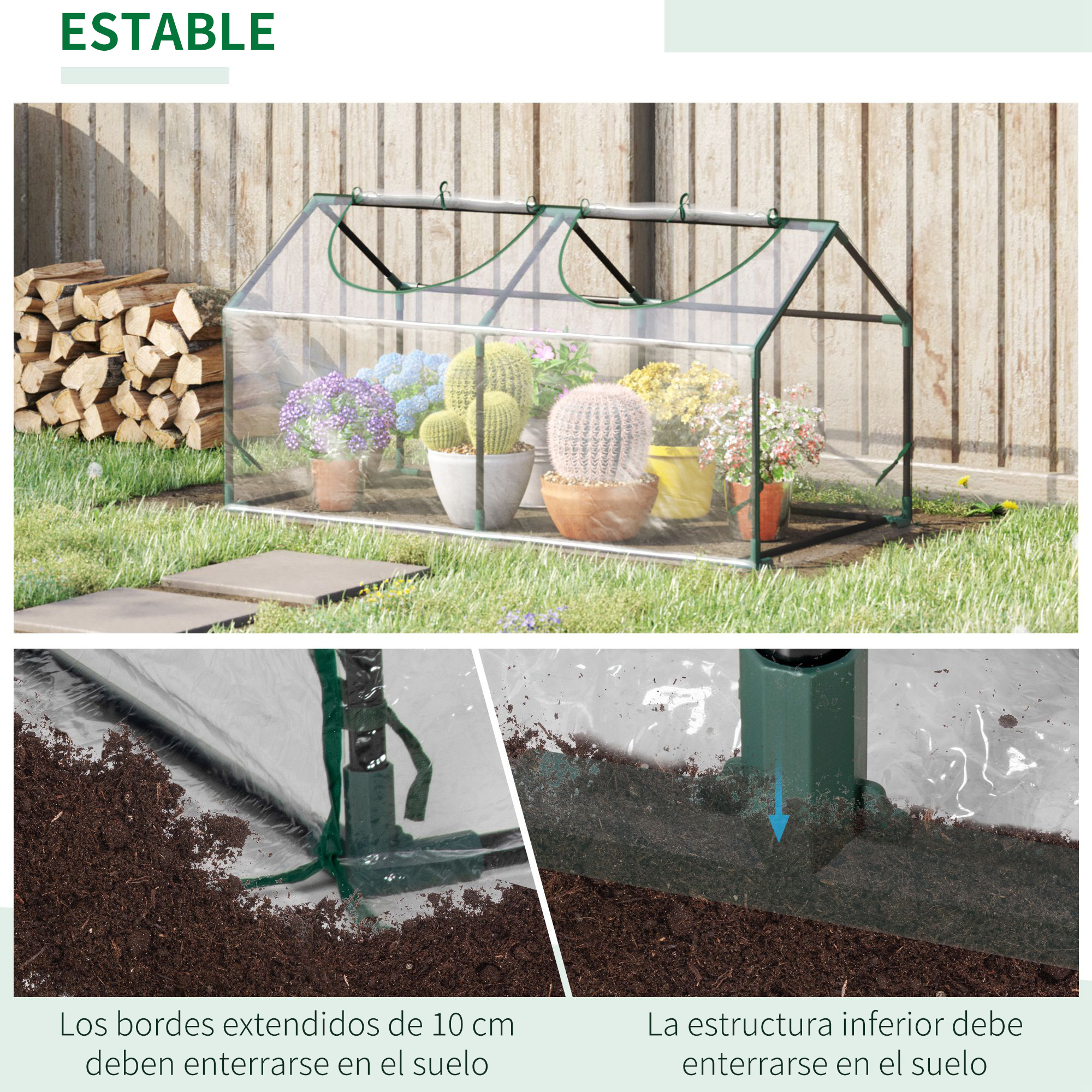 Un invernadero con plantas y leña al aire libre, primeros planos del suelo debajo.