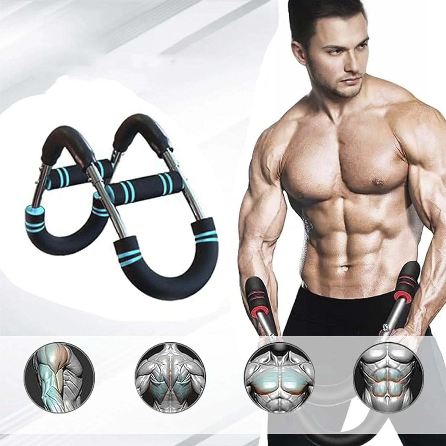 Un hombre musculoso sostiene agarres de fitness junto a un aparato de ejercicio.