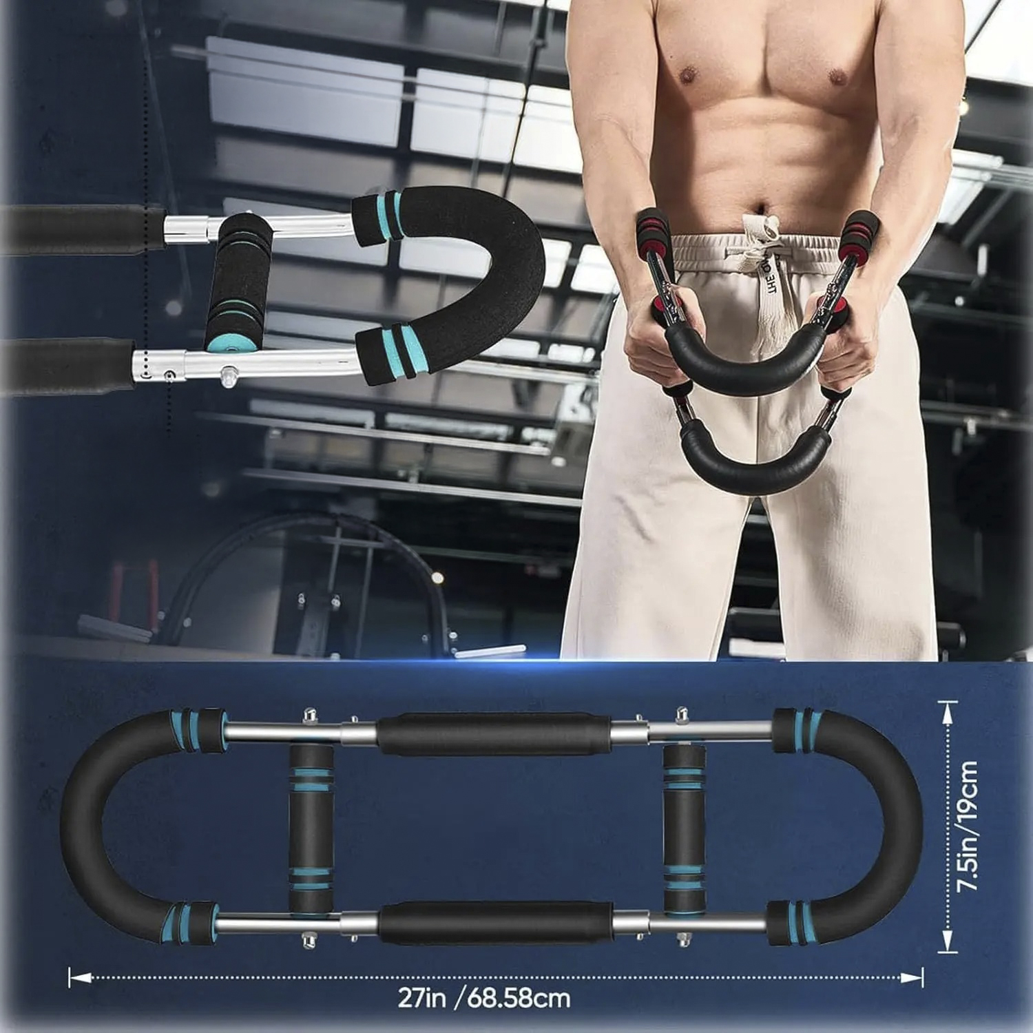 Un hombre sostiene un dispositivo de fitness para antebrazos negro y azul.