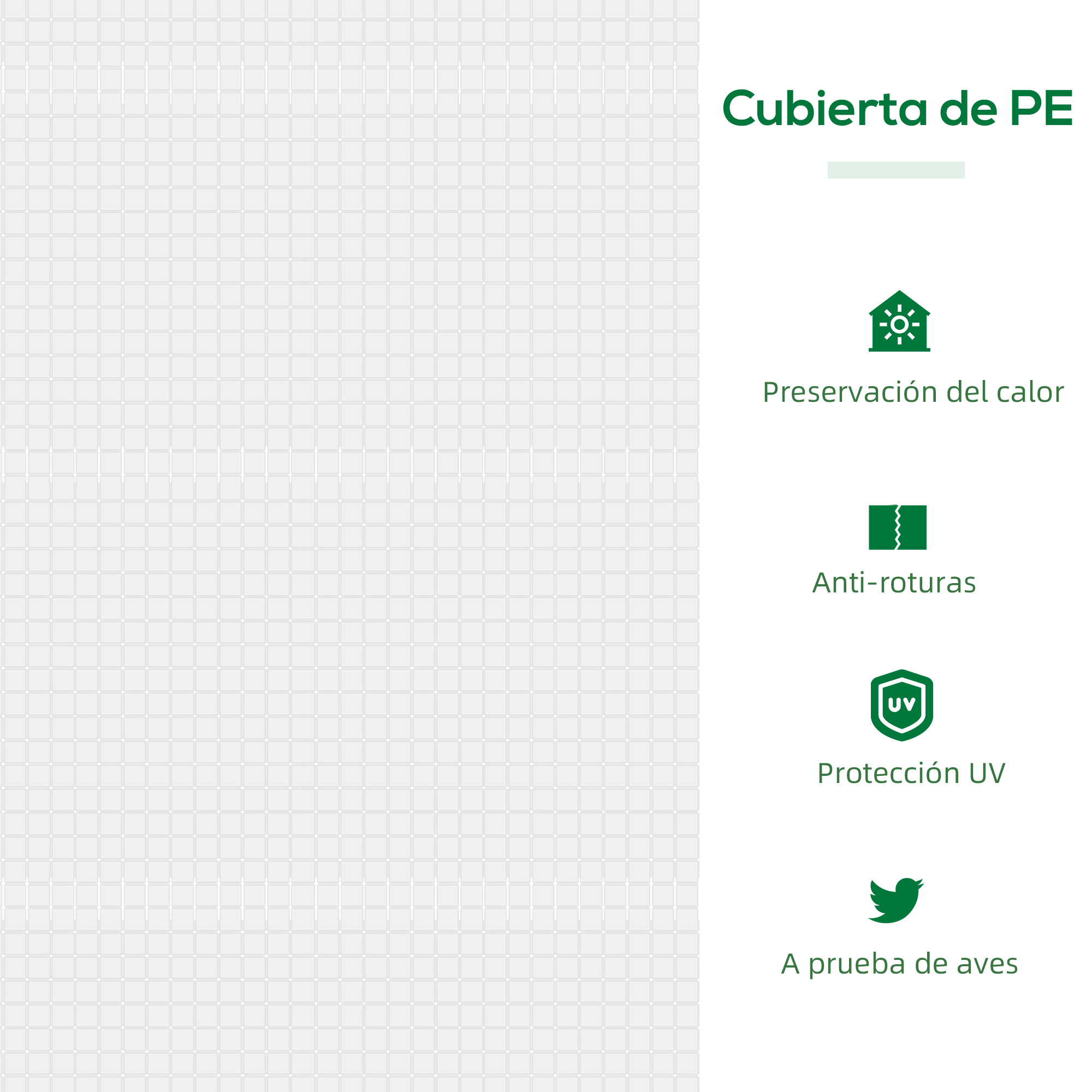 Cubierta de PE: preservación calor, anti-roturas, protección UV, a prueba aves.