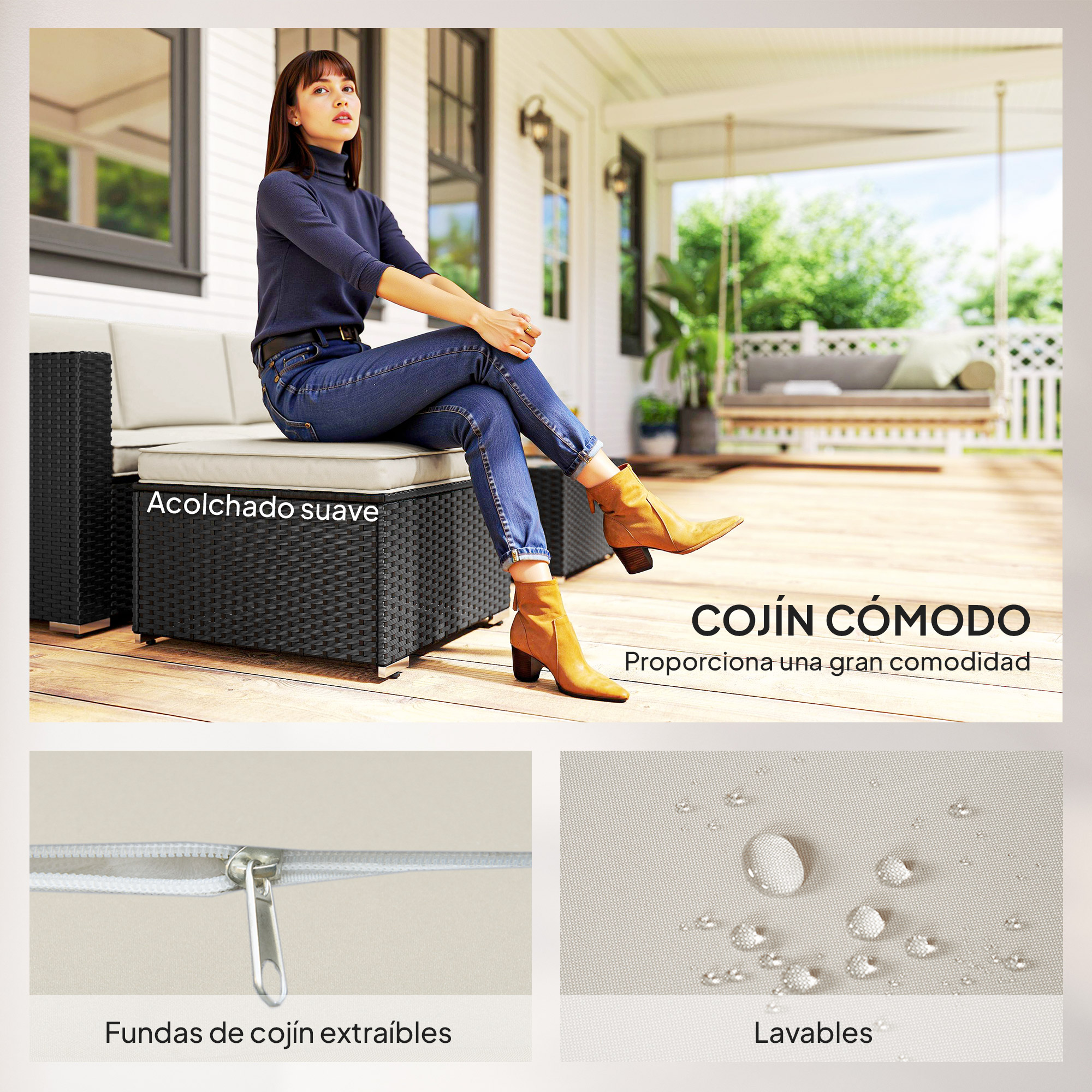 Mujer sentada en sofá de ratán con cojines beige en porche, columpio al fondo.