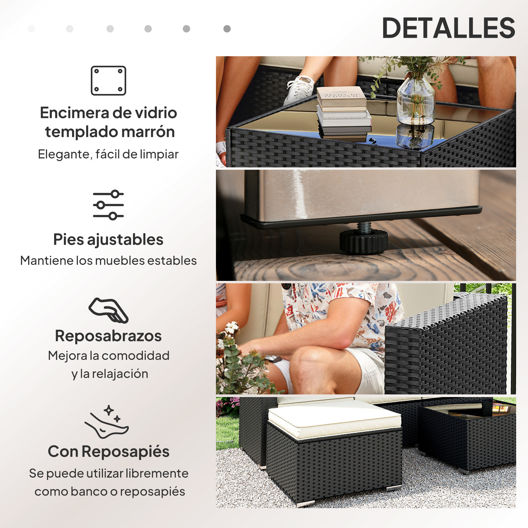 Un vistazo detallado a un sofá de ratán negro con mesa de centro, mesas auxiliares y reposapiés.