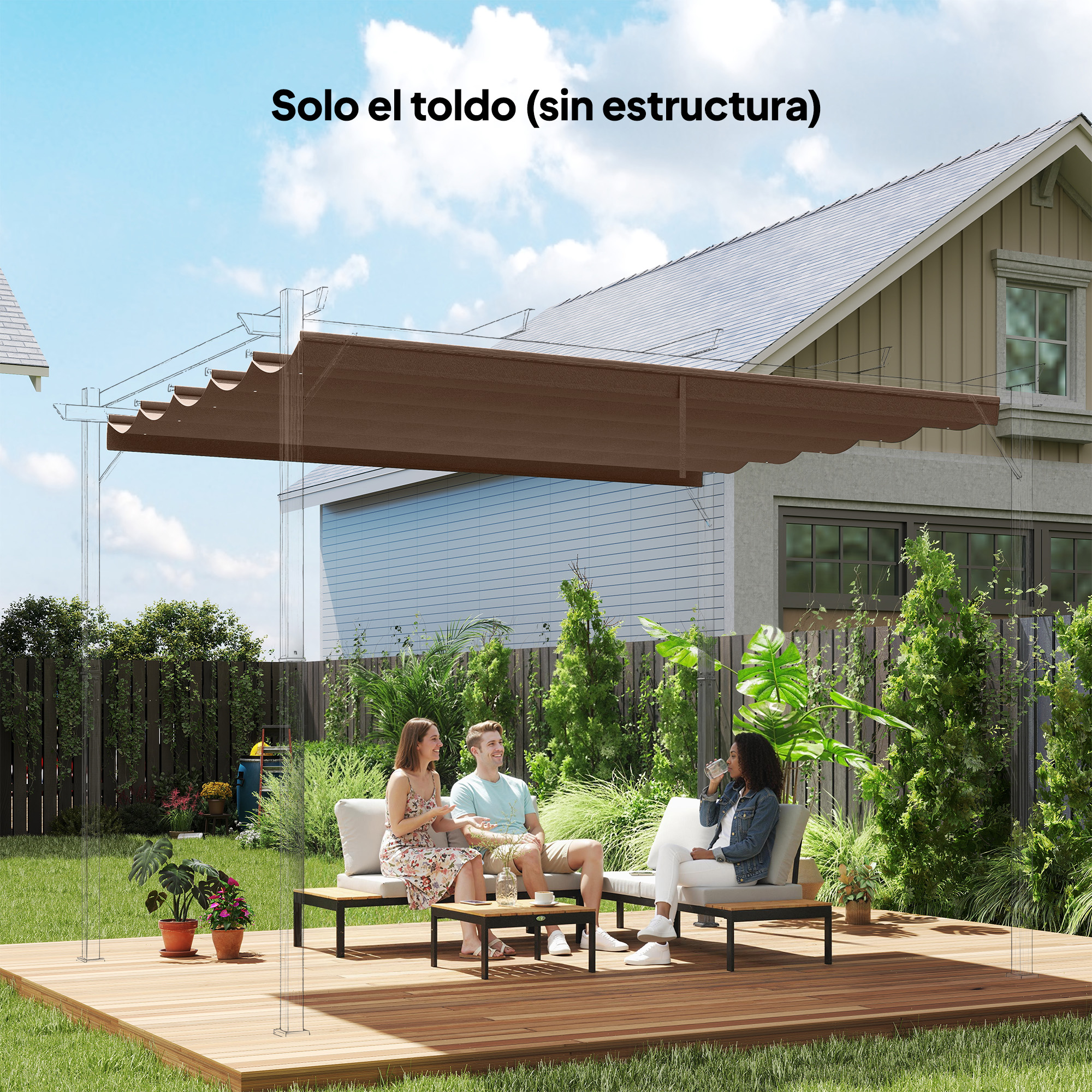 Tres personas sentadas en una terraza de madera bajo un toldo marrón frente a una casa.