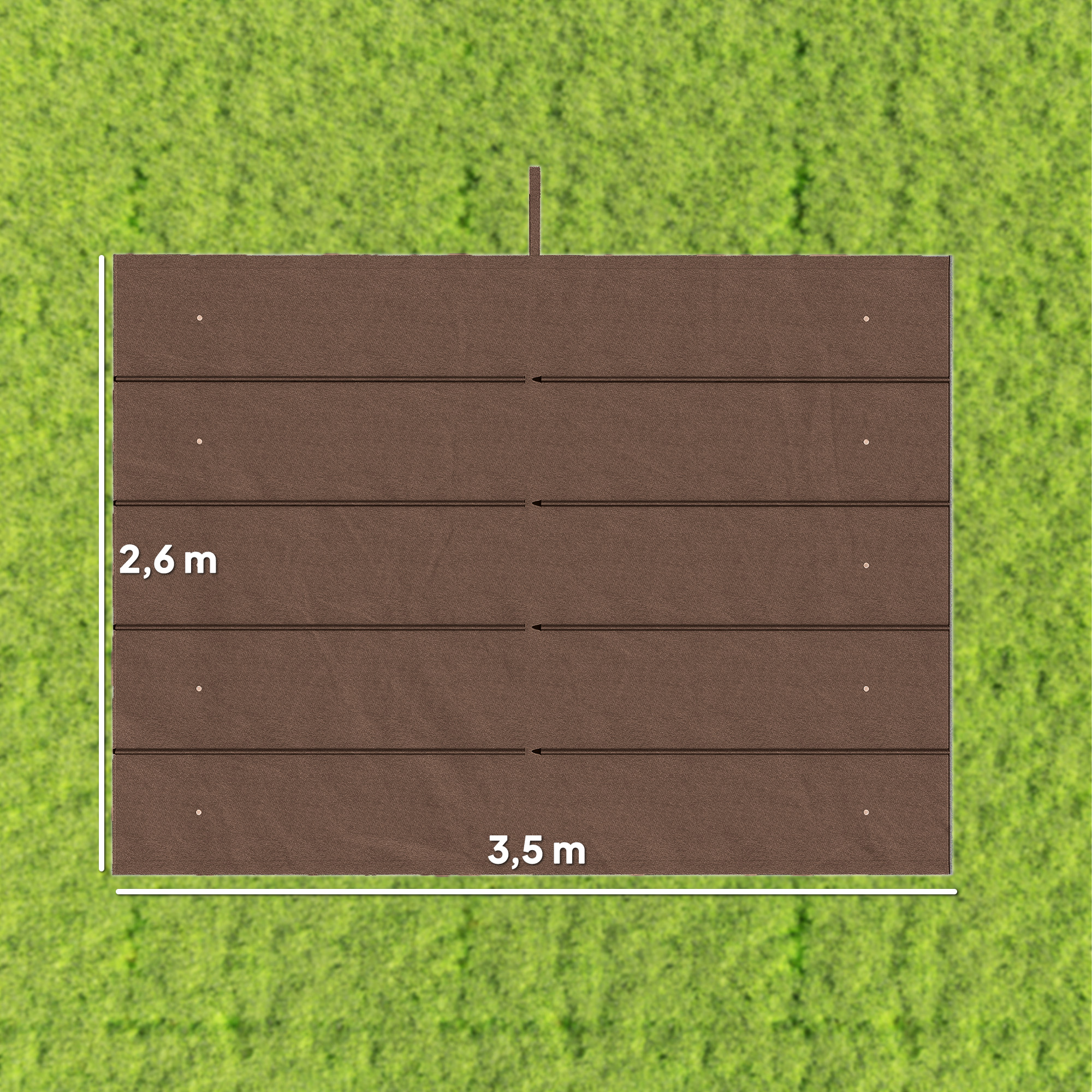 Plataforma de madera marrón sobre césped: 3,5 m de ancho, 2,6 m de profundidad.