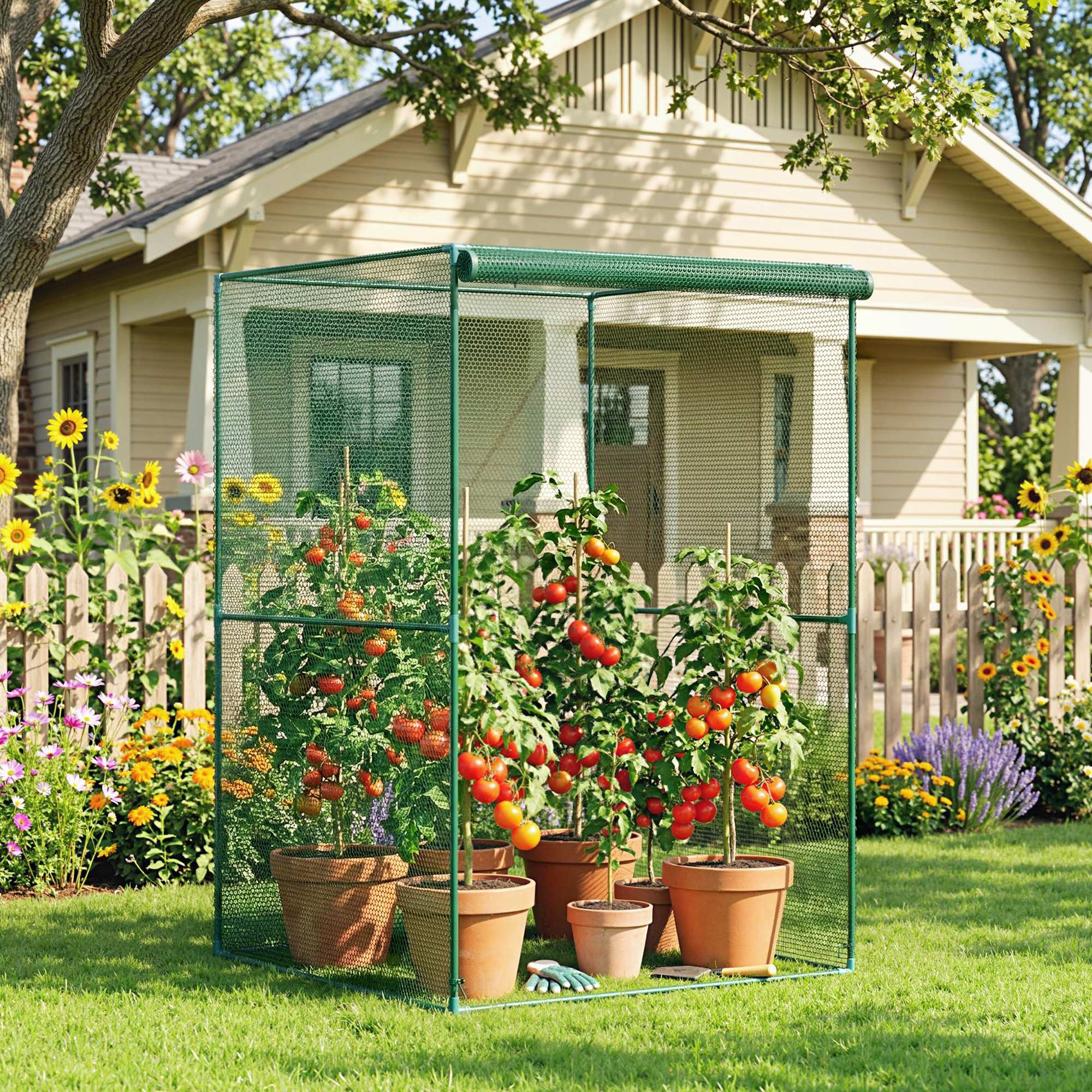 Plantas de tomate en macetas bajo un cobertor de red verde en un jardín.