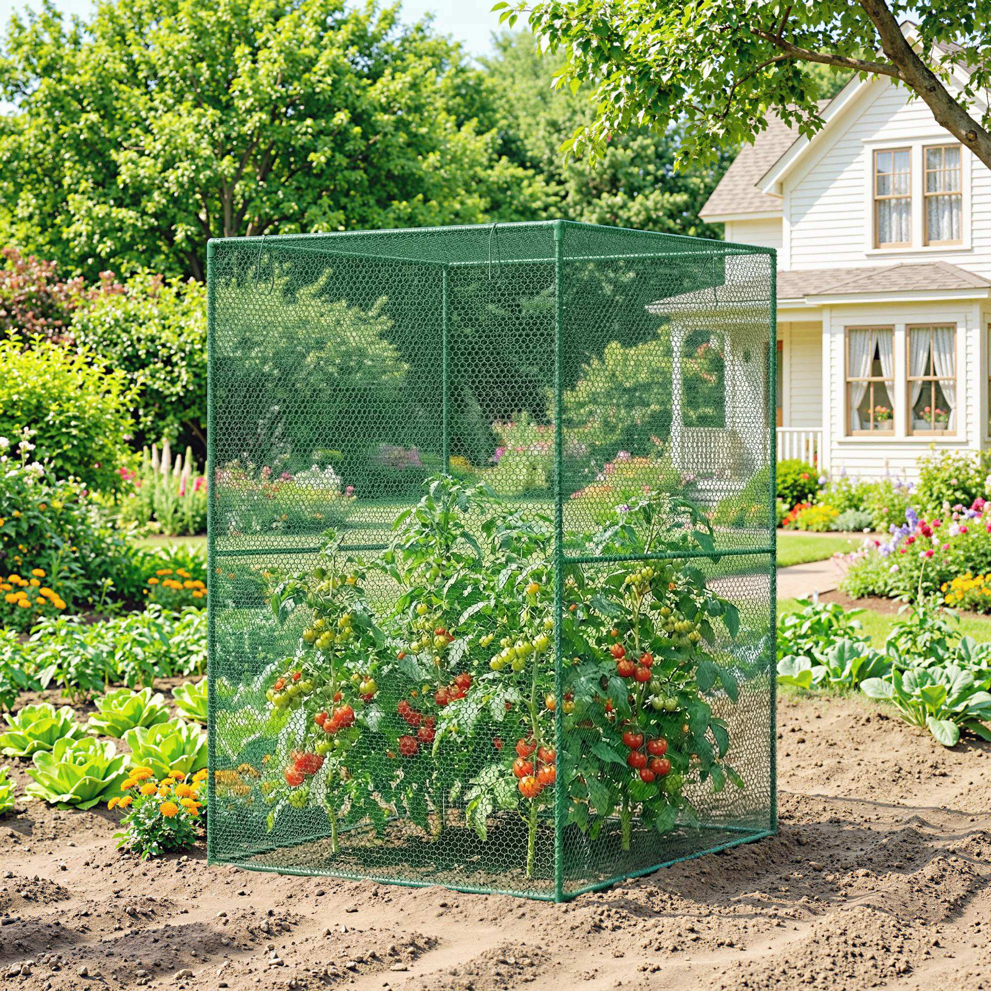 Una red verde protege plantas de tomate en un jardín con una casa al fondo.