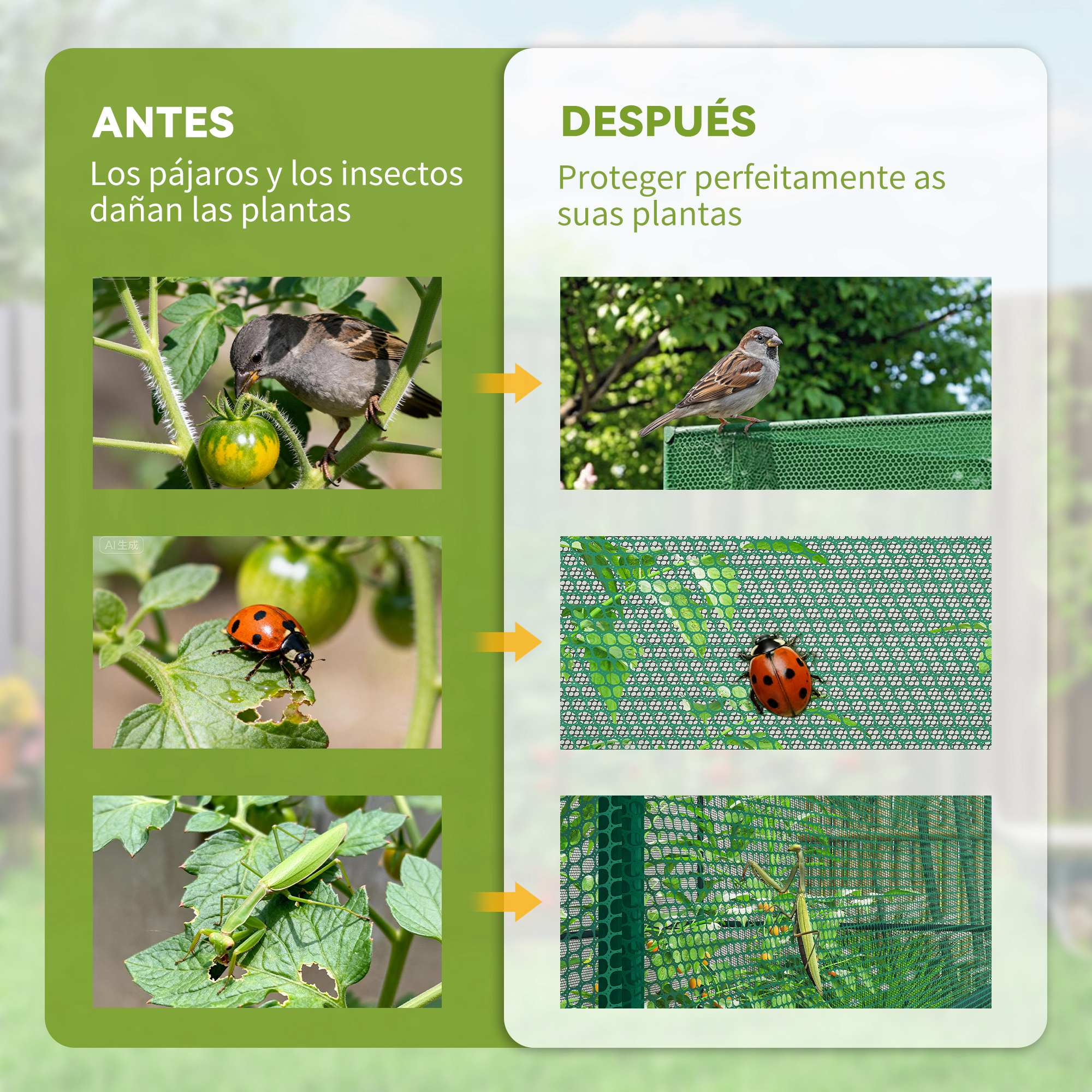 Antes: pájaro comiendo tomate. Después: pájaro en red. Mariquita en hoja. Mariquita en red. Mantis.