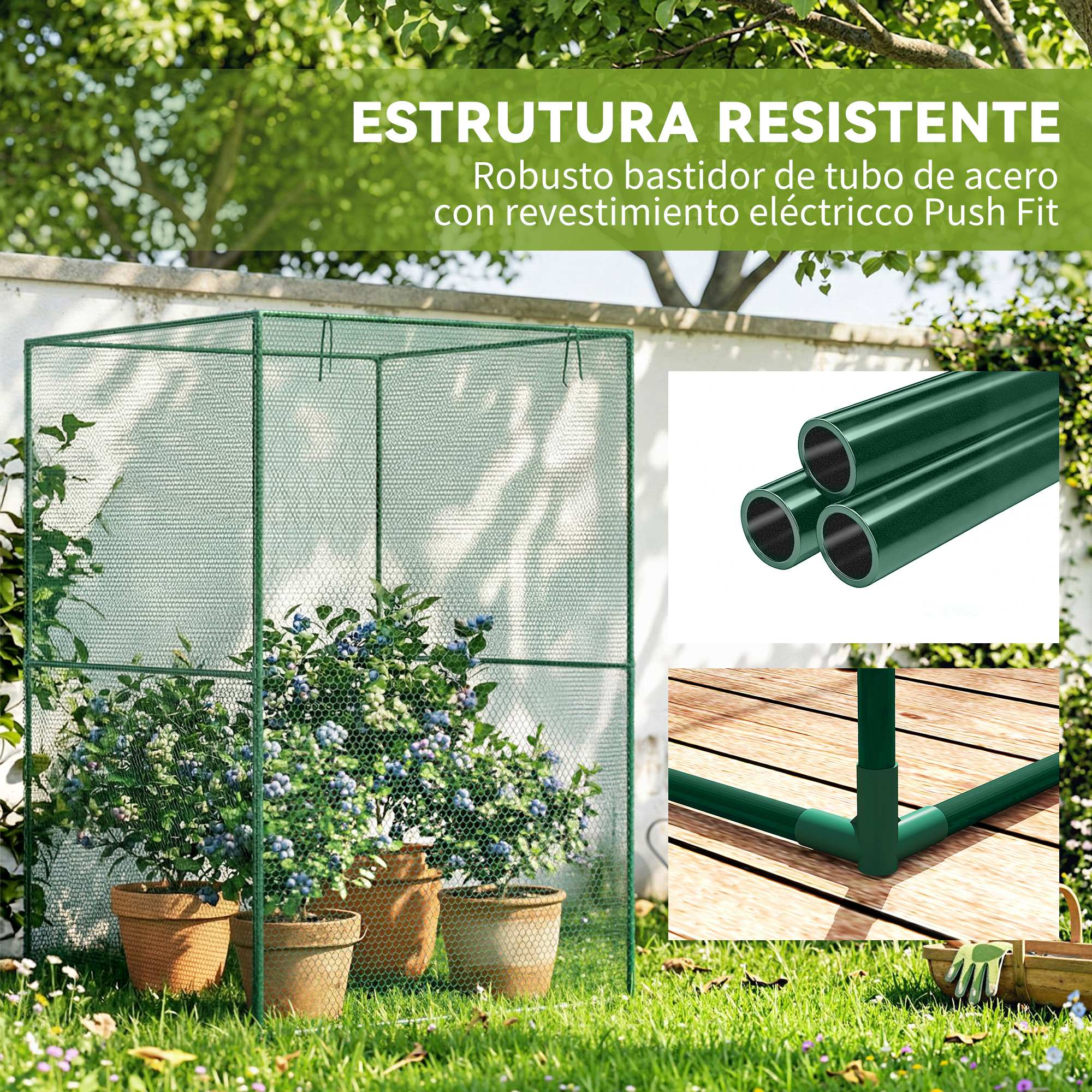 Invernadero con plantas de arándanos, tubos y conectores en un jardín.