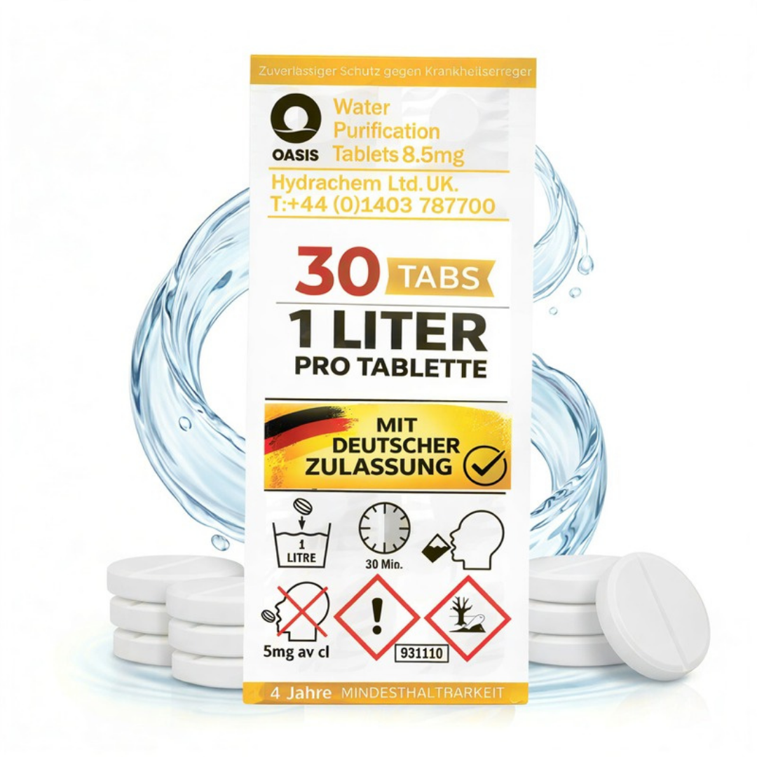 Oasis Wasserreinigungstabletten, 30 Stück für 1 Liter Wasser.