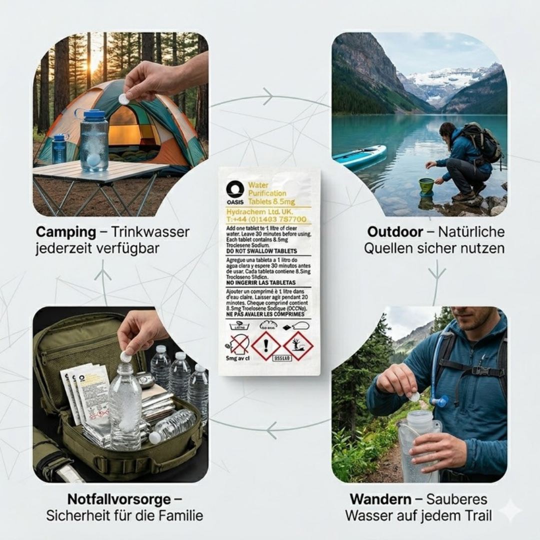 Vier Szenen zeigen Wasserreinigungstabletten für Camping, Outdoor, Notfall und Wandern.