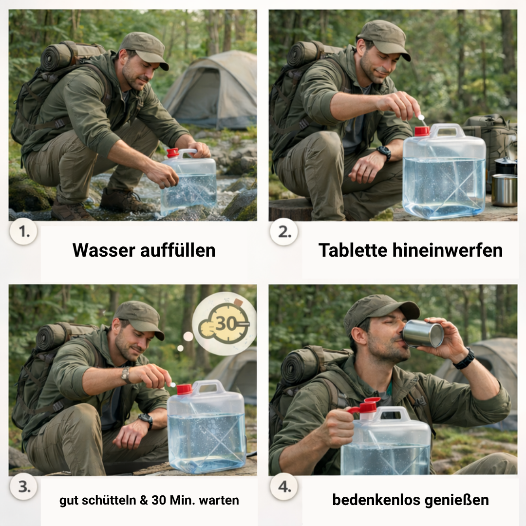 Ein Mann füllt Wasser in einen Kanister. Im Hintergrund sind Zelte und Bäume.