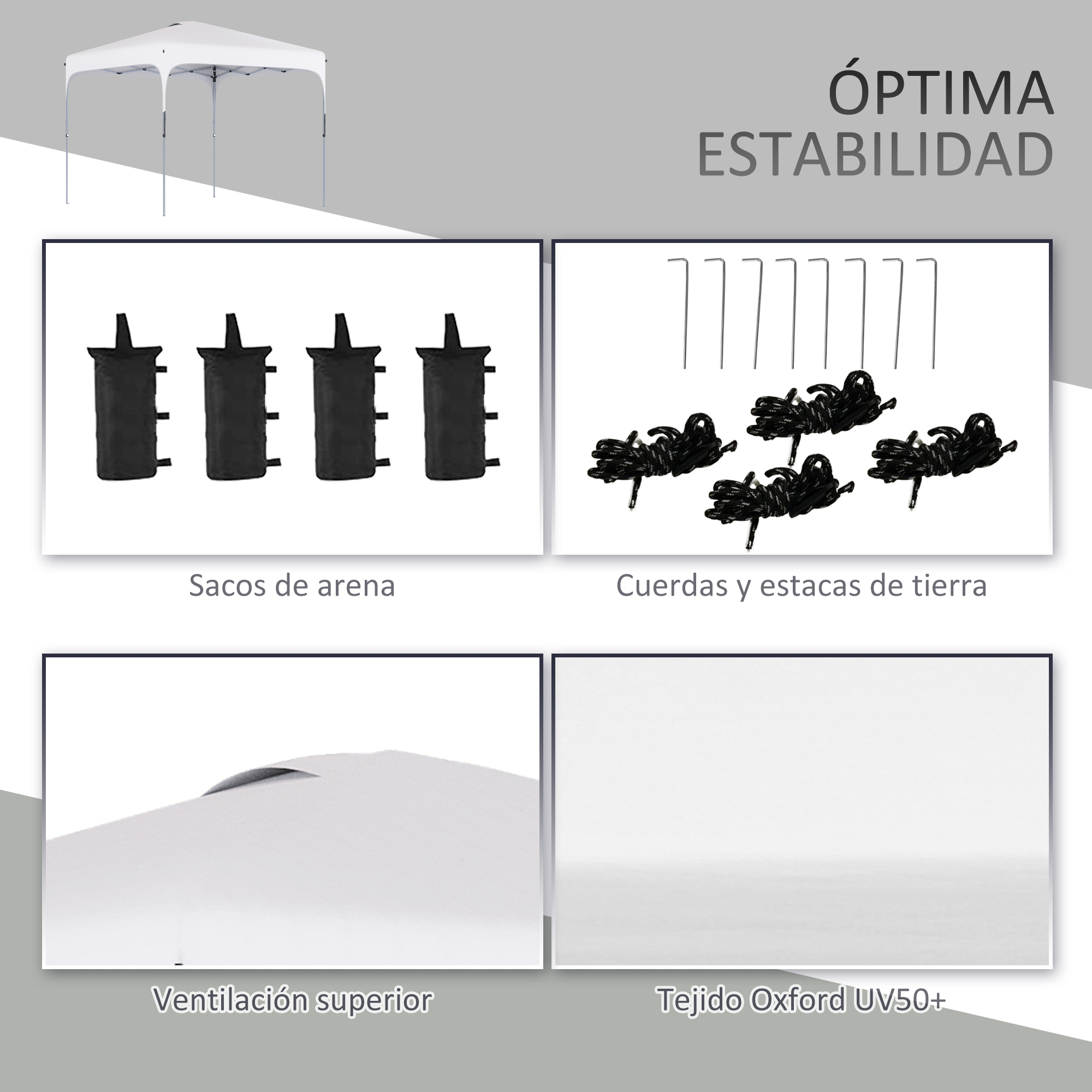 Un dosel blanco con accesorios: sacos de arena, cuerdas, estacas, ventilación y tela.
