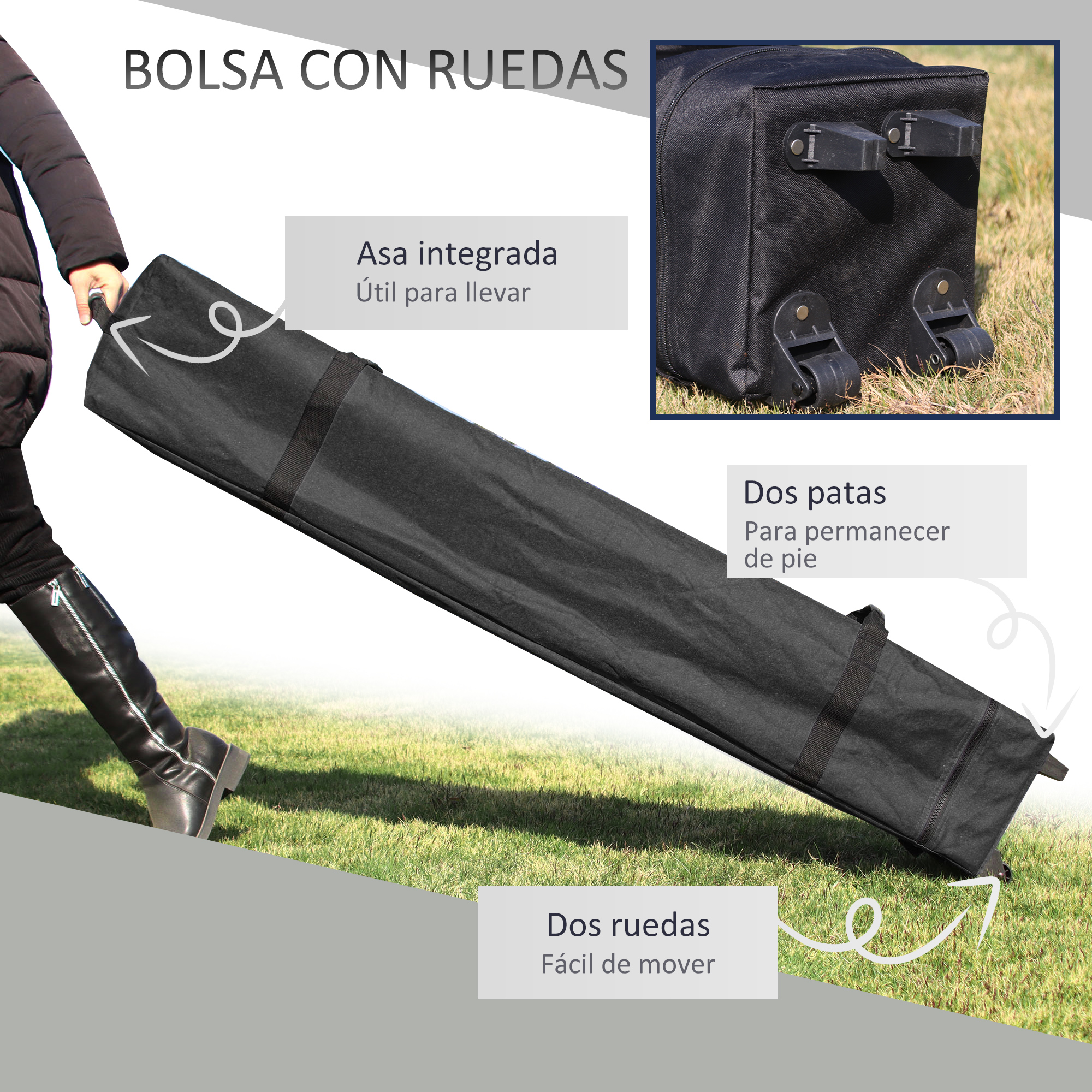 Una bolsa negra con ruedas y asas sobre hierba