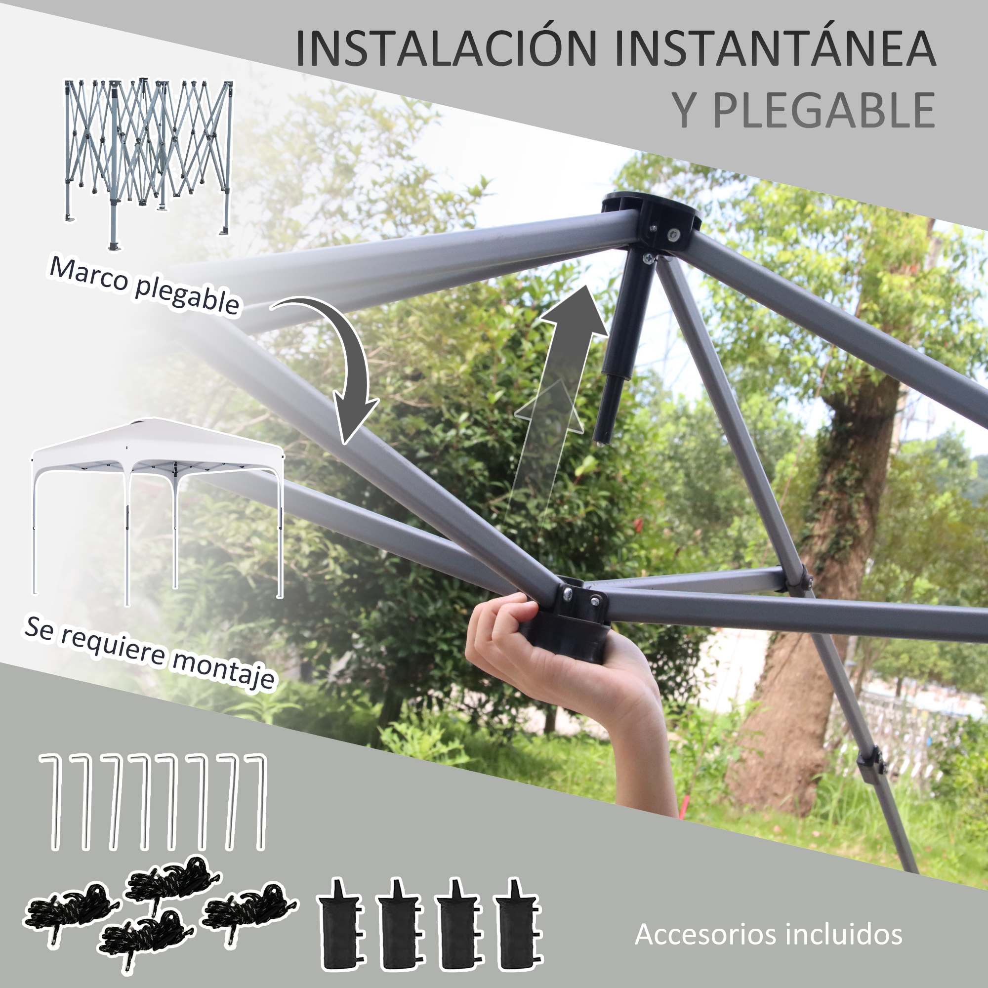 Una persona montando una carpa, mostrando partes, cuerdas y estacas.