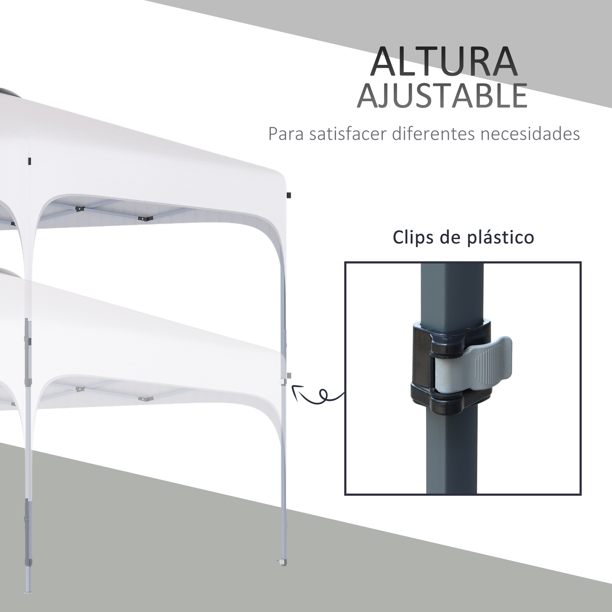 Estructura de carpa blanca ajustable con primer plano de clip de poste gris.
