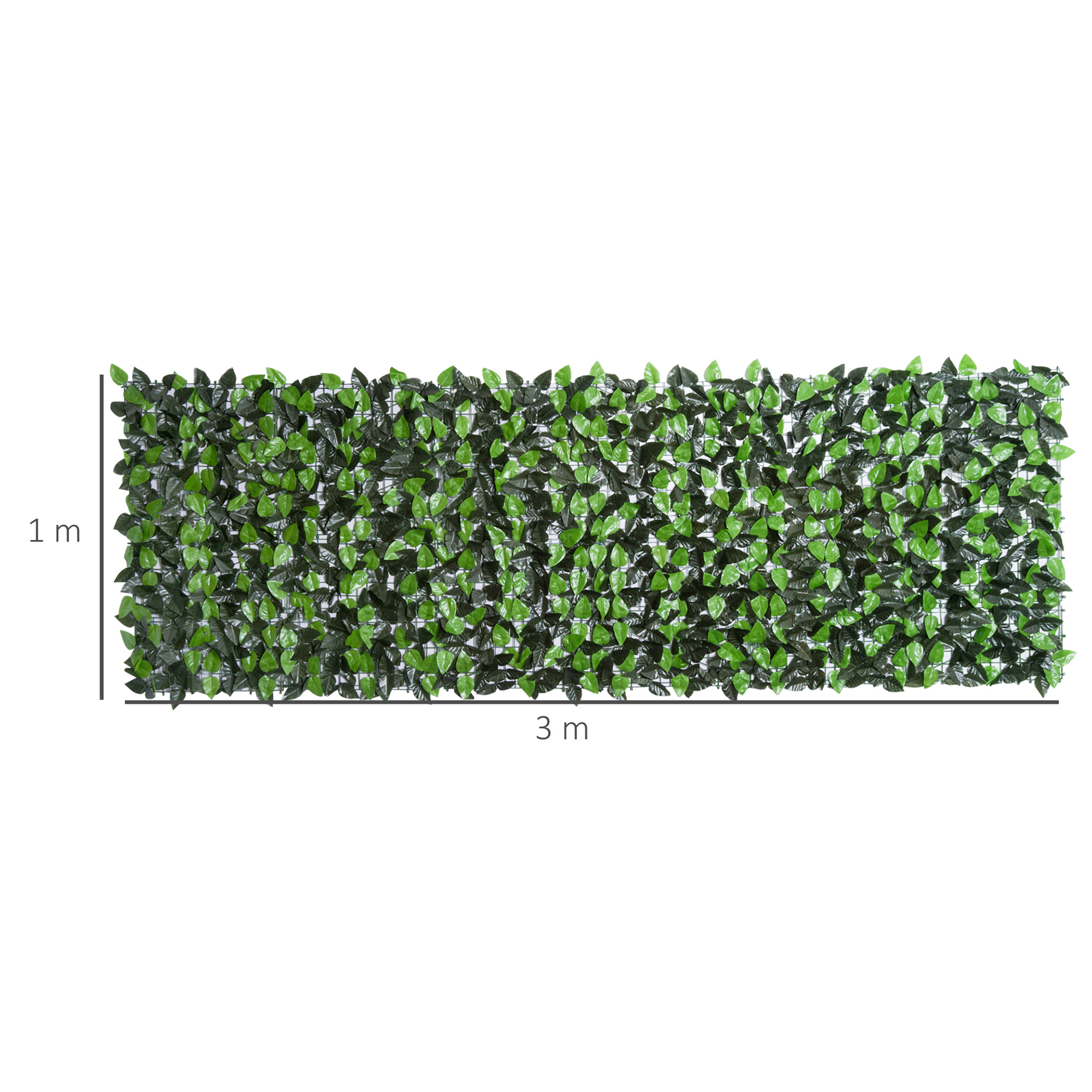 Un panel de privacidad de 3 m de ancho y 1 m de alto con hojas verdes artificiales.