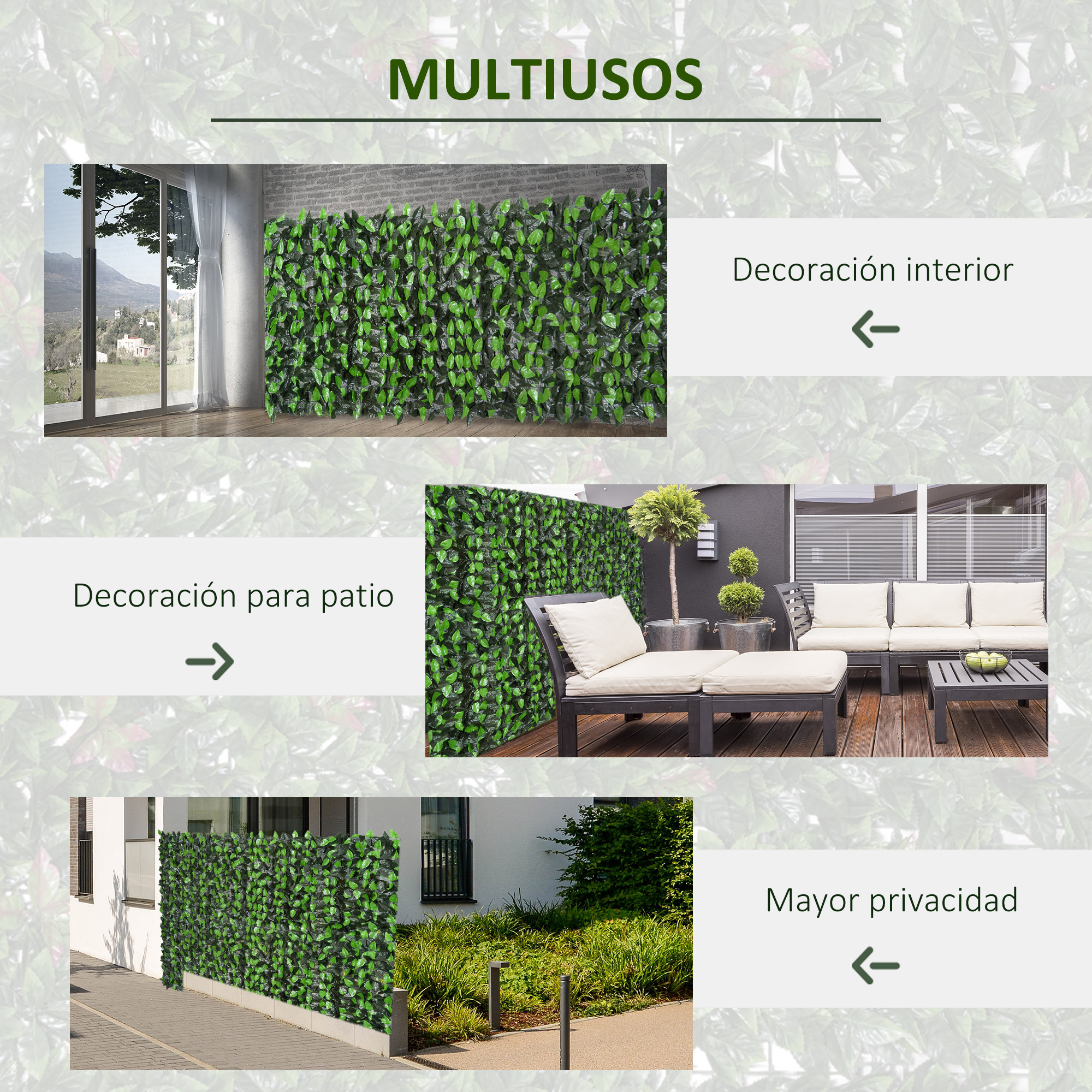 Verdes setos artificiales para uso interior, exterior y privacidad.