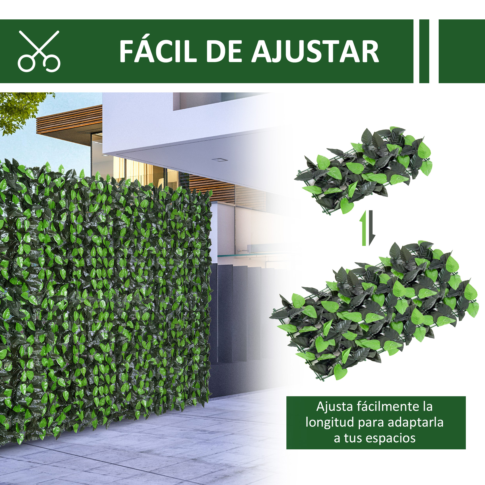 Valla de hojas verdes frente a casa moderna, longitud ajustable.