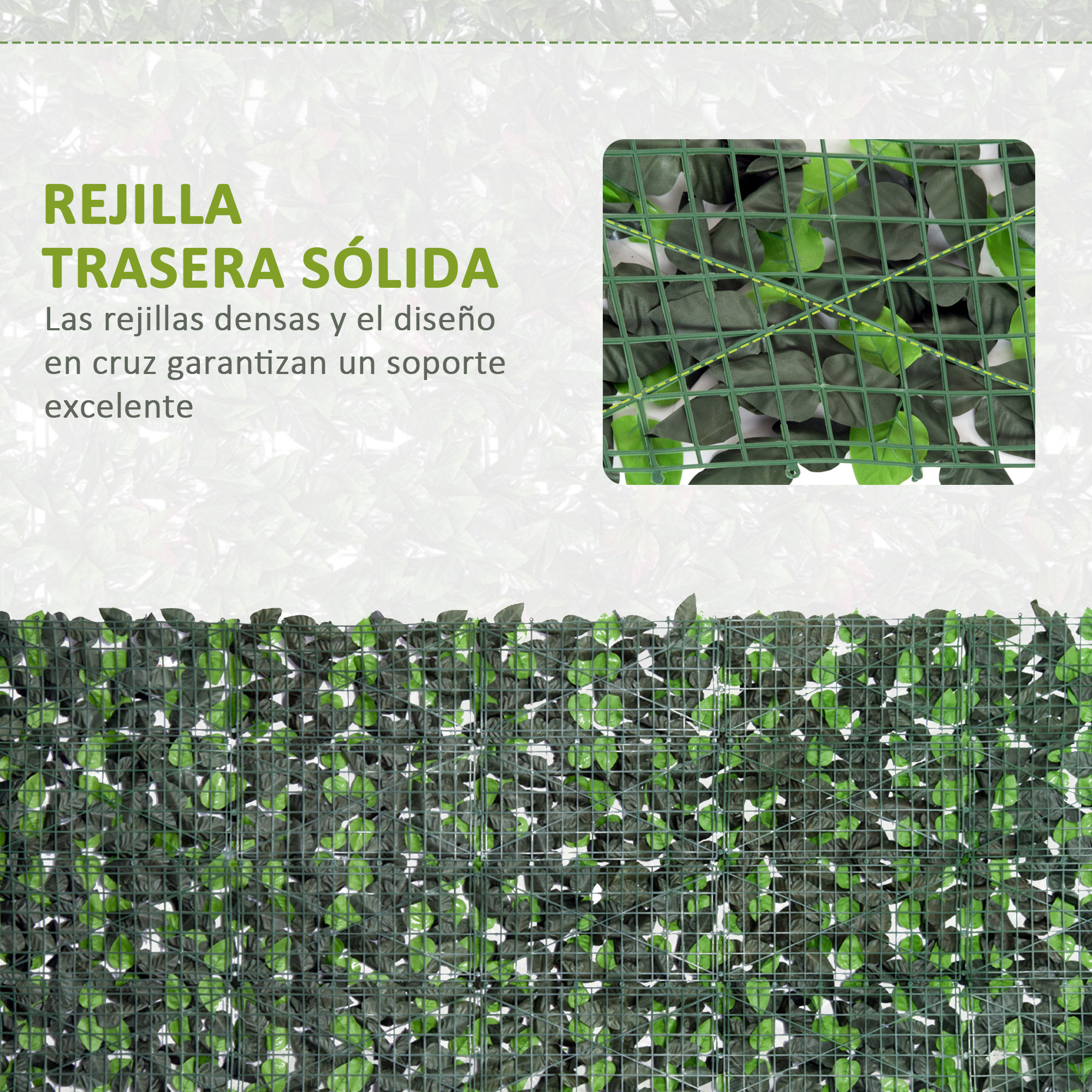 Rejilla verde con hojas densas, mostrando un lado trasero sólido.