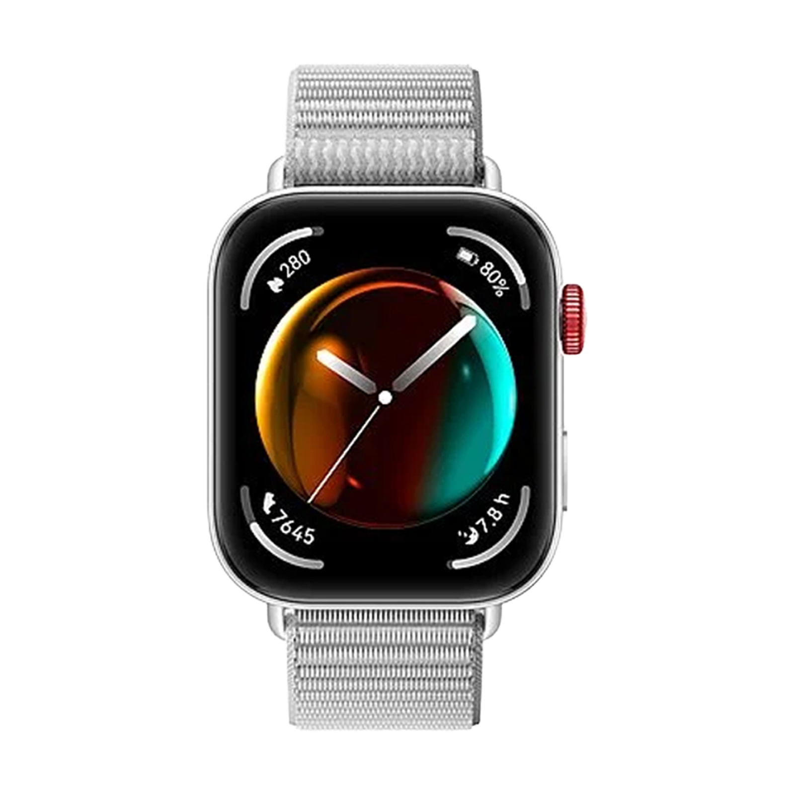Srebrny smartwatch z kolorową tarczą i białym paskiem.