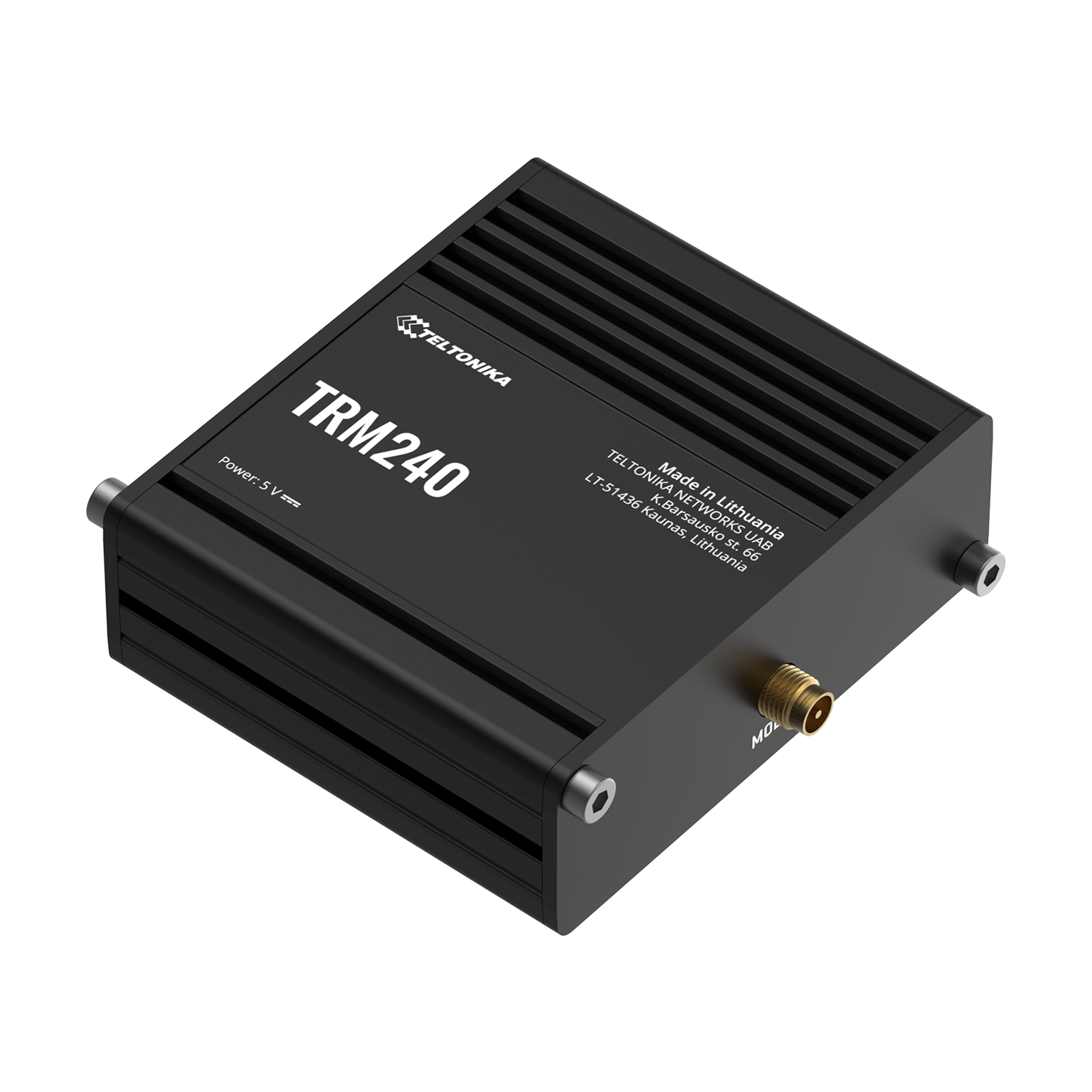 Appareil noir Teltonika TRM240 avec ailettes, connecteurs et étiquettes.