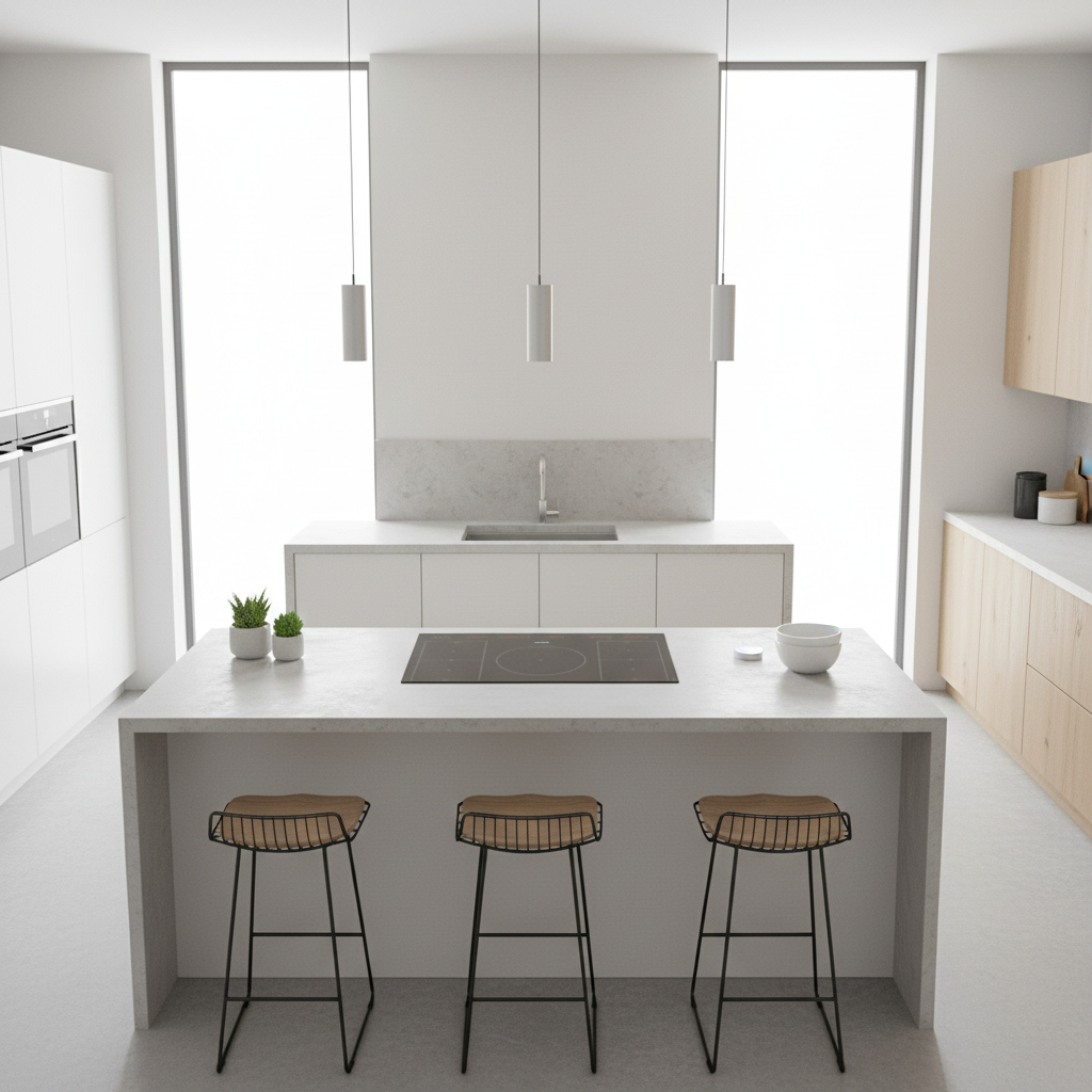 Moderna cocina blanca con isla, tres taburetes y electrodomésticos integrados.