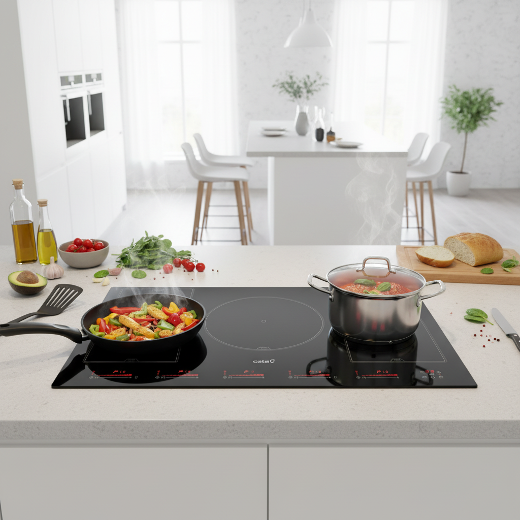 Una estufa de cocina moderna con una olla y una sartén en uso.