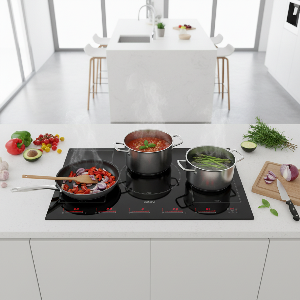 Una estufa con sartén y dos ollas llenas de verduras cocinándose.