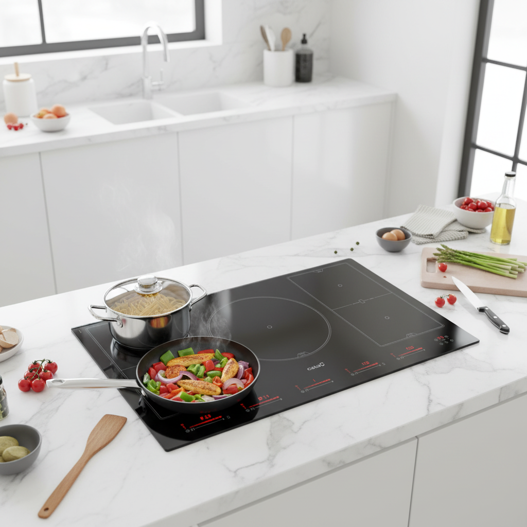 Una estufa cocinando pasta y salteado con vapor ascendiendo en una cocina moderna.
