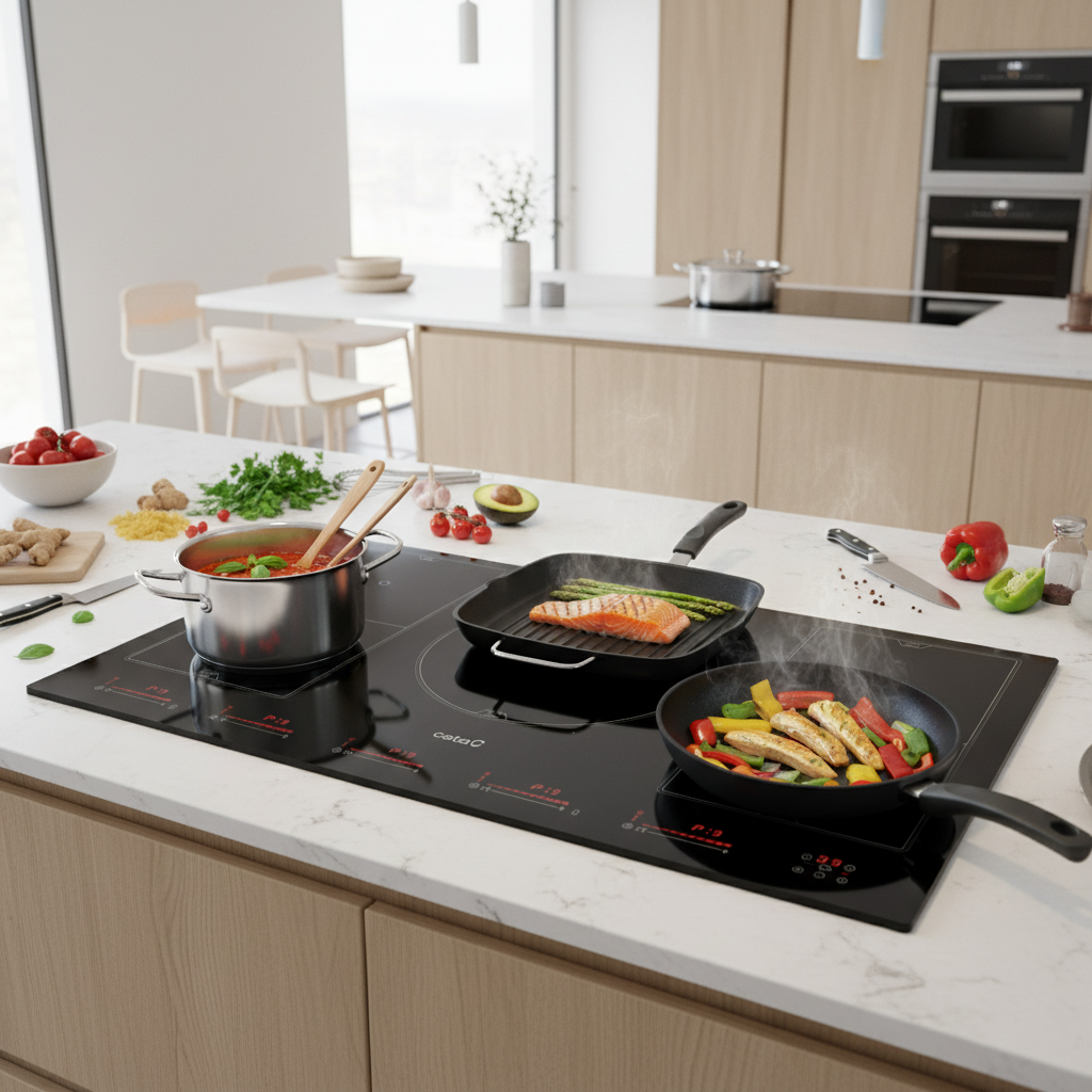 Una encimera de cocina moderna con una placa de cocina cocinando salmón, espárragos y verduras.
