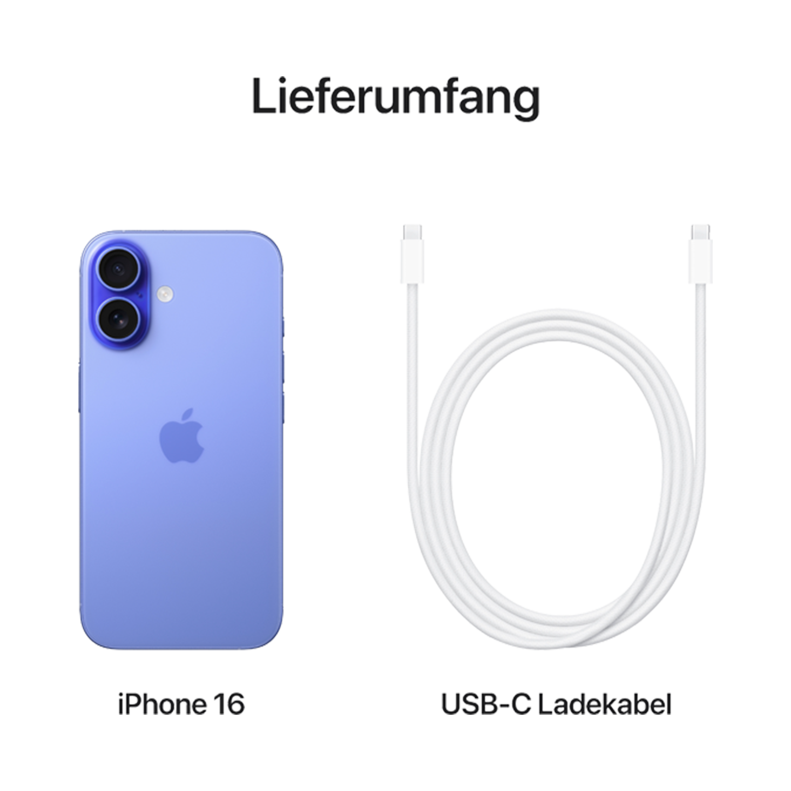 iPhone 16 morado y un cable de carga USB-C blanco.