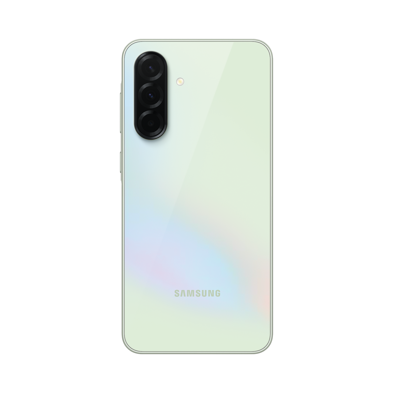 Achterkant van een lichtgroene Samsung smartphone met drie camera's en een flitser.