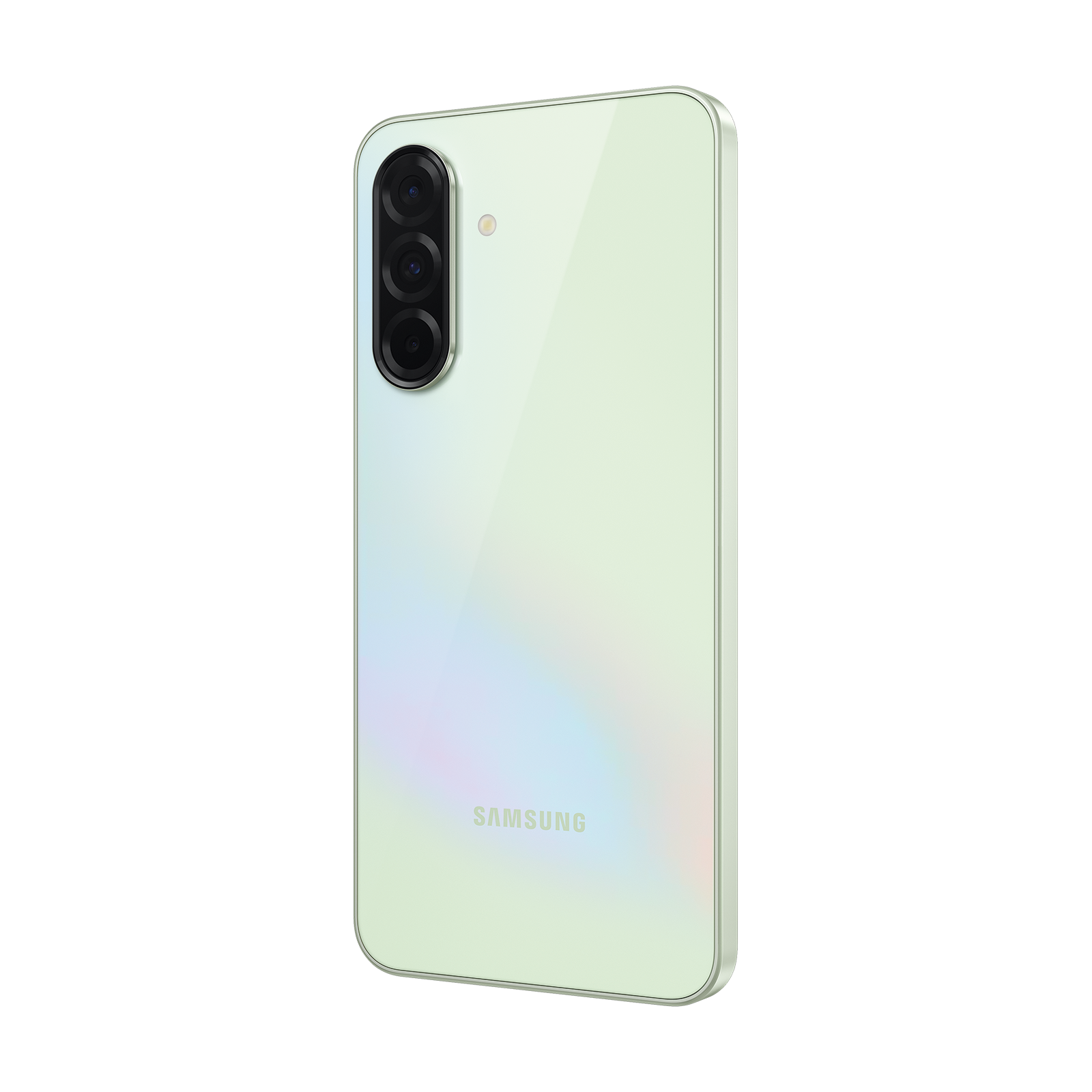 Achterkant van een lichtgroene smartphone met drie camera's en Samsung-logo.