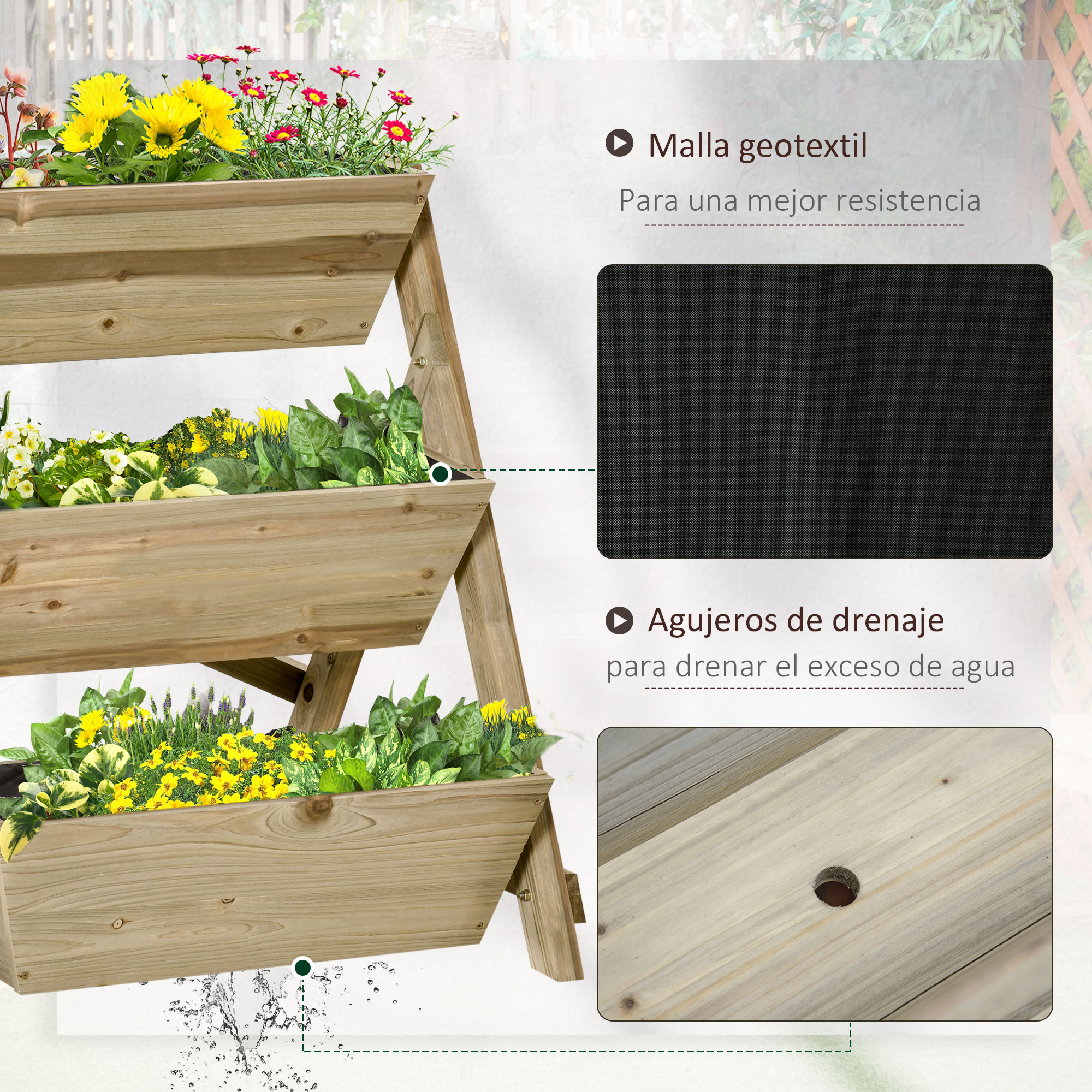 Un macetero de madera escalonado con tres niveles, lleno de flores y plantas verdes.