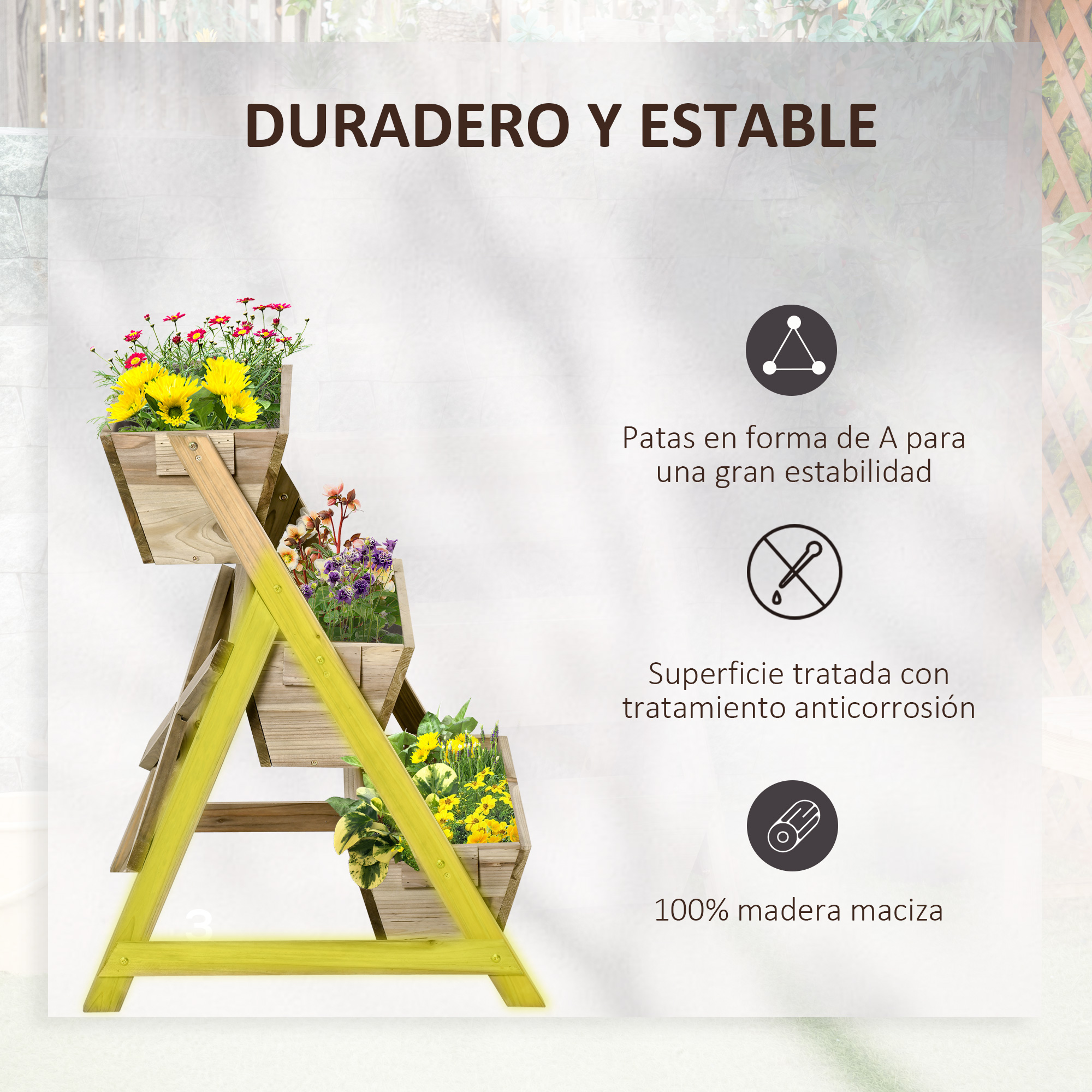 Un soporte de flores de madera de varios niveles con tres niveles, decorado con flores coloridas.