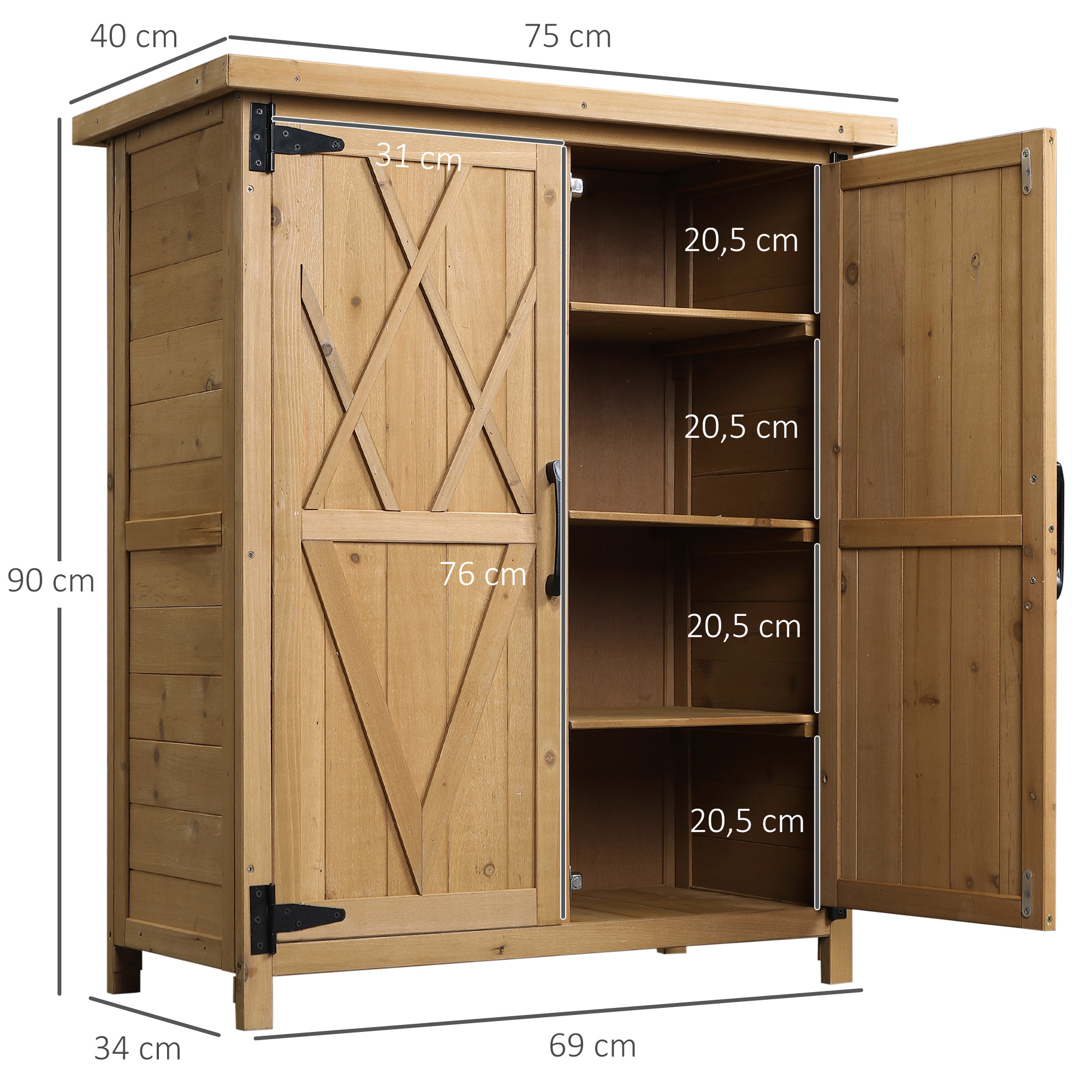 Armario de madera con dos puertas, cuatro estantes y dimensiones.