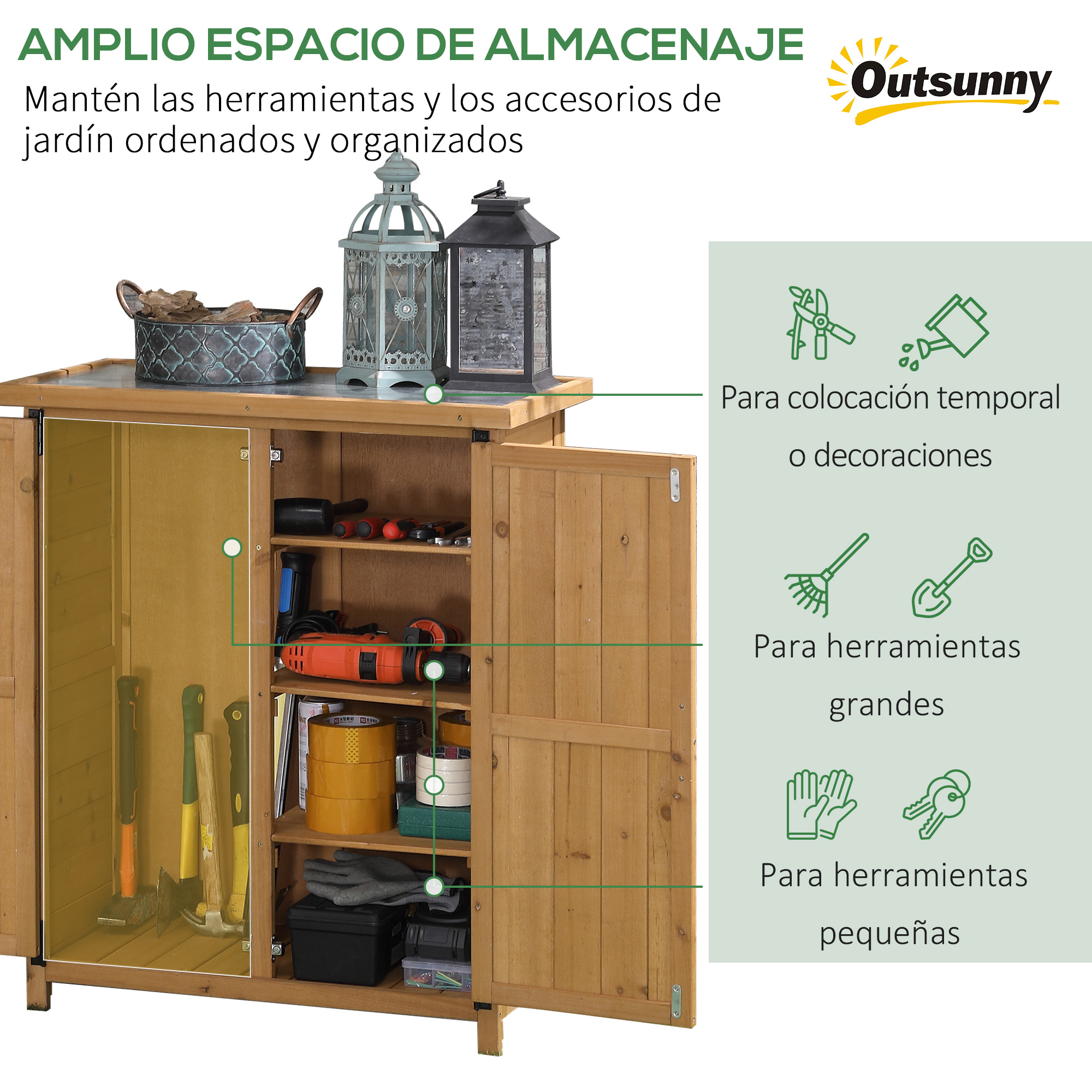 Armario de madera con herramientas, faroles y cestas. Etiquetas en español.