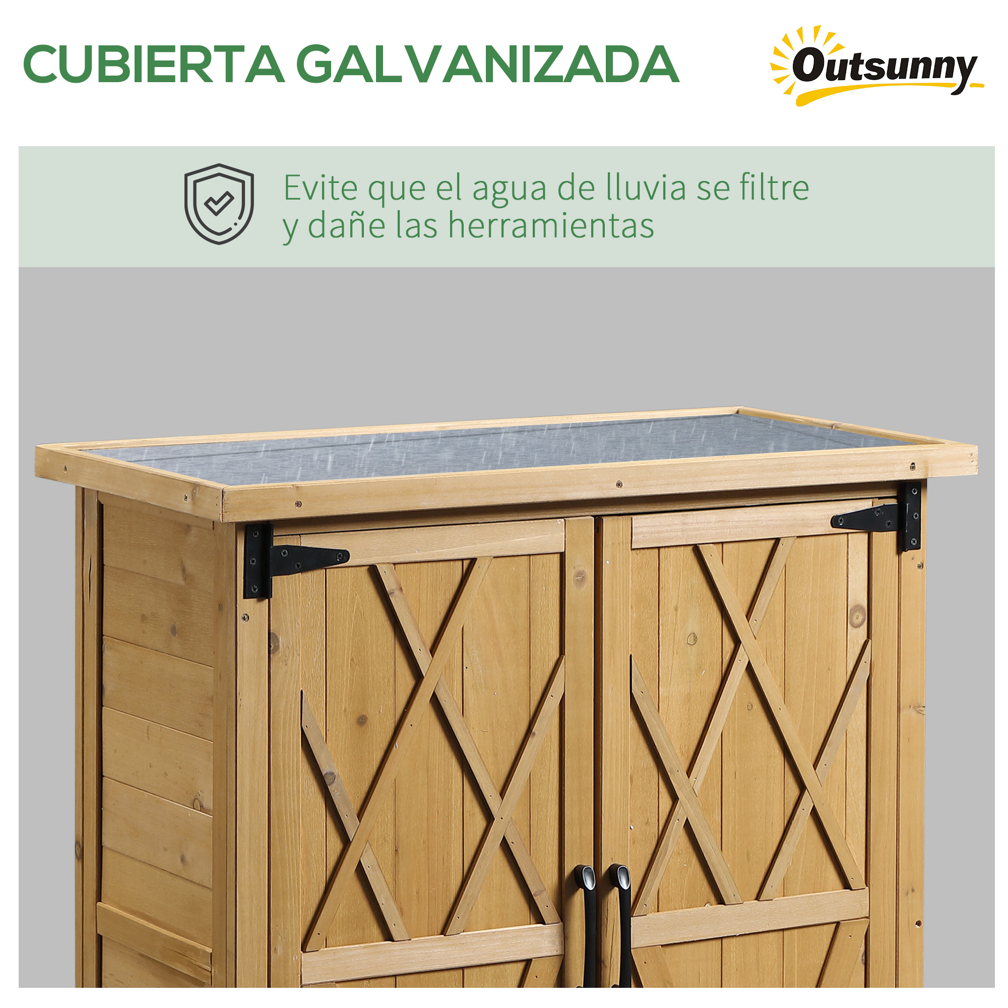 Armario de madera con techo galvanizado, protege de la lluvia.